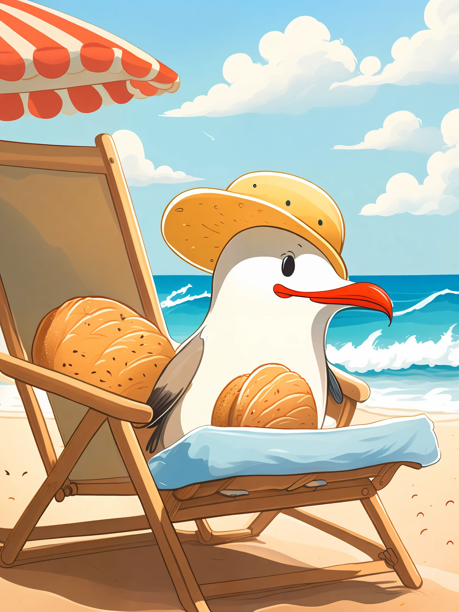 (A loaf of bread with a yellow hat),breads,(Lie on the beach chair and bask in the sun),suns,Cute cartoon character,exteriors,onthebeach,closeup of face,portraitures,Take a drink,bucket-hat,leafs,to stand,Red scarf,with petals falling,laying on the chair,skyward,Clouds,seagulls,Hand drawn illustration style,animel,comic strip