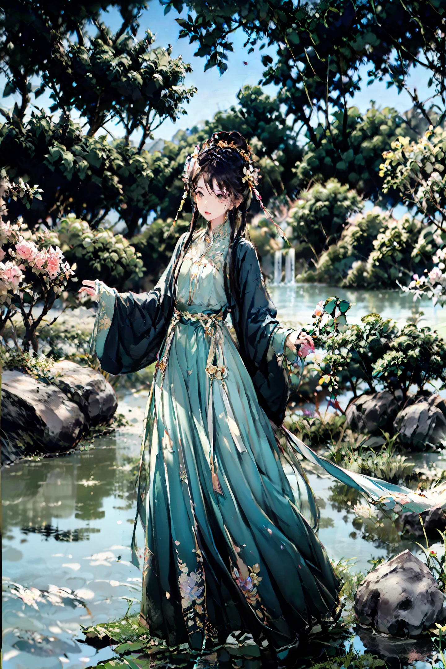 Willow trees, both sides of the lake, swan, lotus flowers, gazebo, a beautiful girl, perfect face, standing, look far