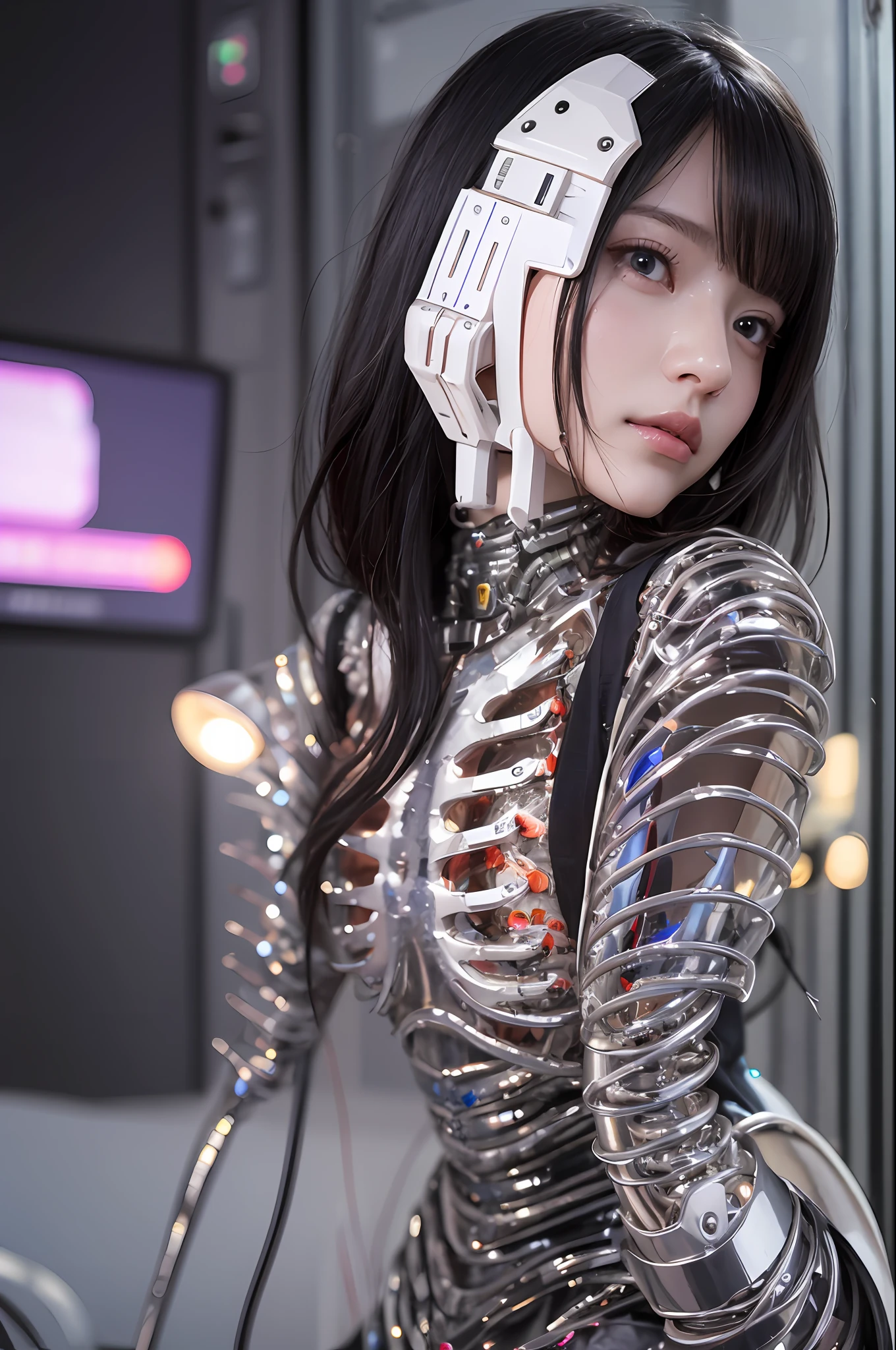 beste-Qualit、巨作、ultra-high-resolution、(photo- realistic:1.4)、Raw photo、1人、Black hair、glowy skin、Cyberpunk Suit、((hyper realistic detail))、portlate、Global Illumination、Shadow、octan render、in 8K、ultrasharp、巨乳、Raw skin is exposed in cleavage、metals、Details of complex ornaments、Gothloli details、Luminous tube、extremely intricate detail、Realistic light、CGSoation Trends、purple-eyed、radiant eyes、Facing the camera、neon details、Mechanical limbs、blood vessels connected to tubes、Mechanical vertebrae attached to the back、mechanical cervical attaching to neck、sitting on、Wires and cables connecting to the head、Small LED lamp、The background is the server room of the future、