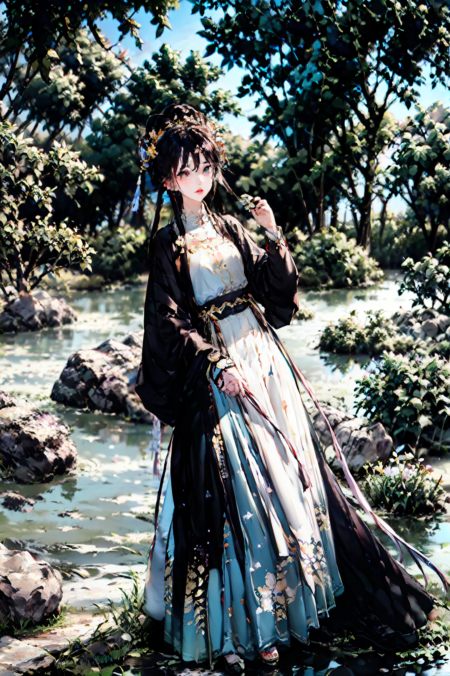Willow trees, both sides of the lake, swan, lotus flowers, gazebo, a beautiful girl, perfect face, standing, look far