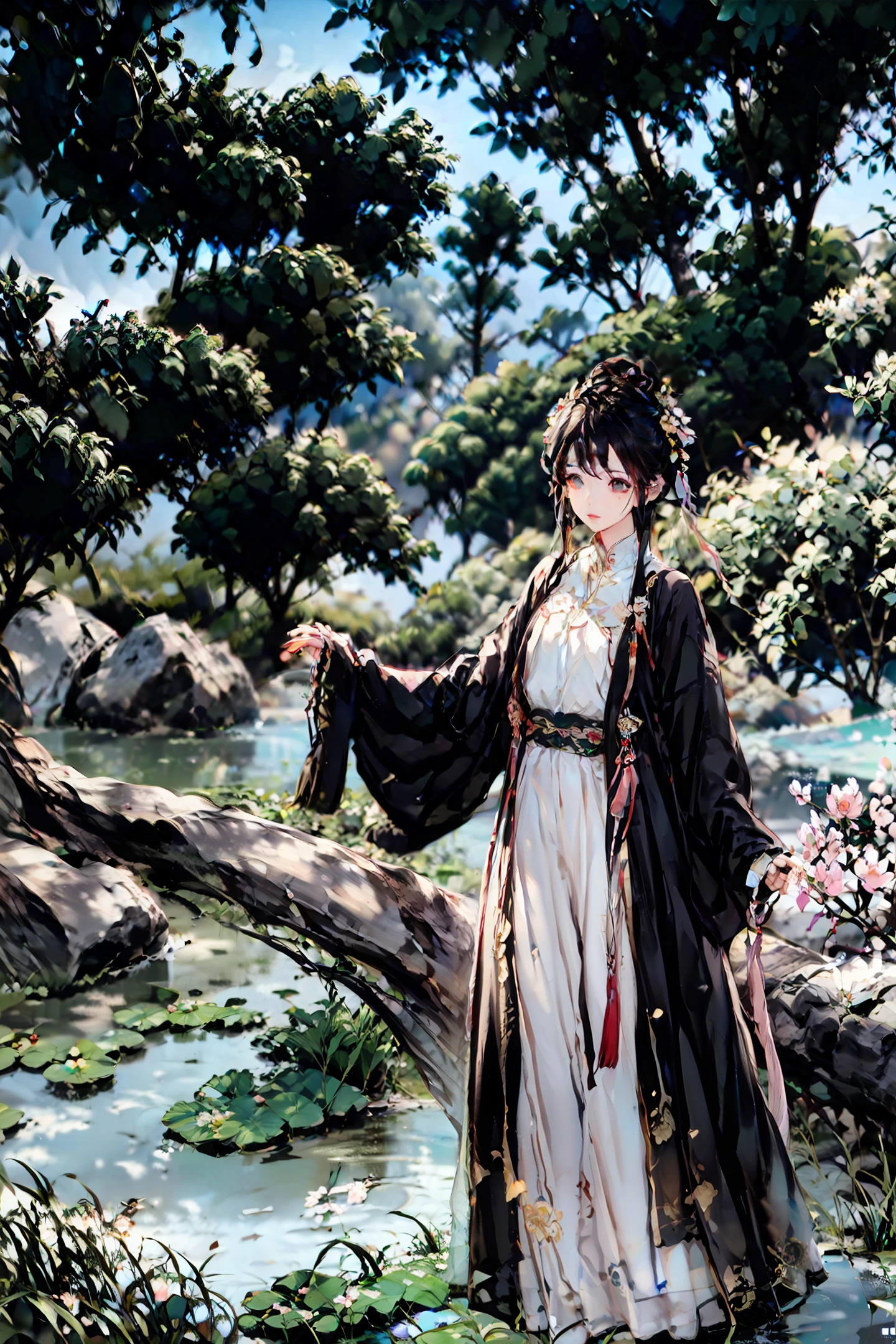 Willow trees, both sides of the lake, swan, lotus flowers, gazebo, a beautiful girl, perfect face, standing, look far
