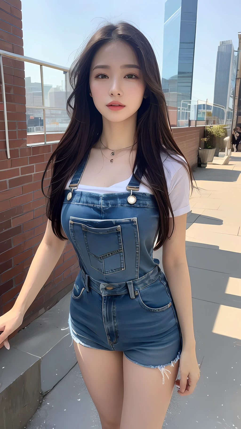 ((length hair, need, 8K, masterpaintings:1.3)), body complet, Long legs, Focalors:1.2, perfect figure beautiful woman:1.4, Slim abs:1.1, ((Dark brown hair, big tit:1.2 )), (Random color tight T-shirt, Long denim suspenders, to stand:1.2), ((City daytime, roofto:1.3)), Highly detailed facial and skin texture, detailed eye, 双眼皮，（（（Do not wear jewelry around your neck））），（（（Complete hands）））