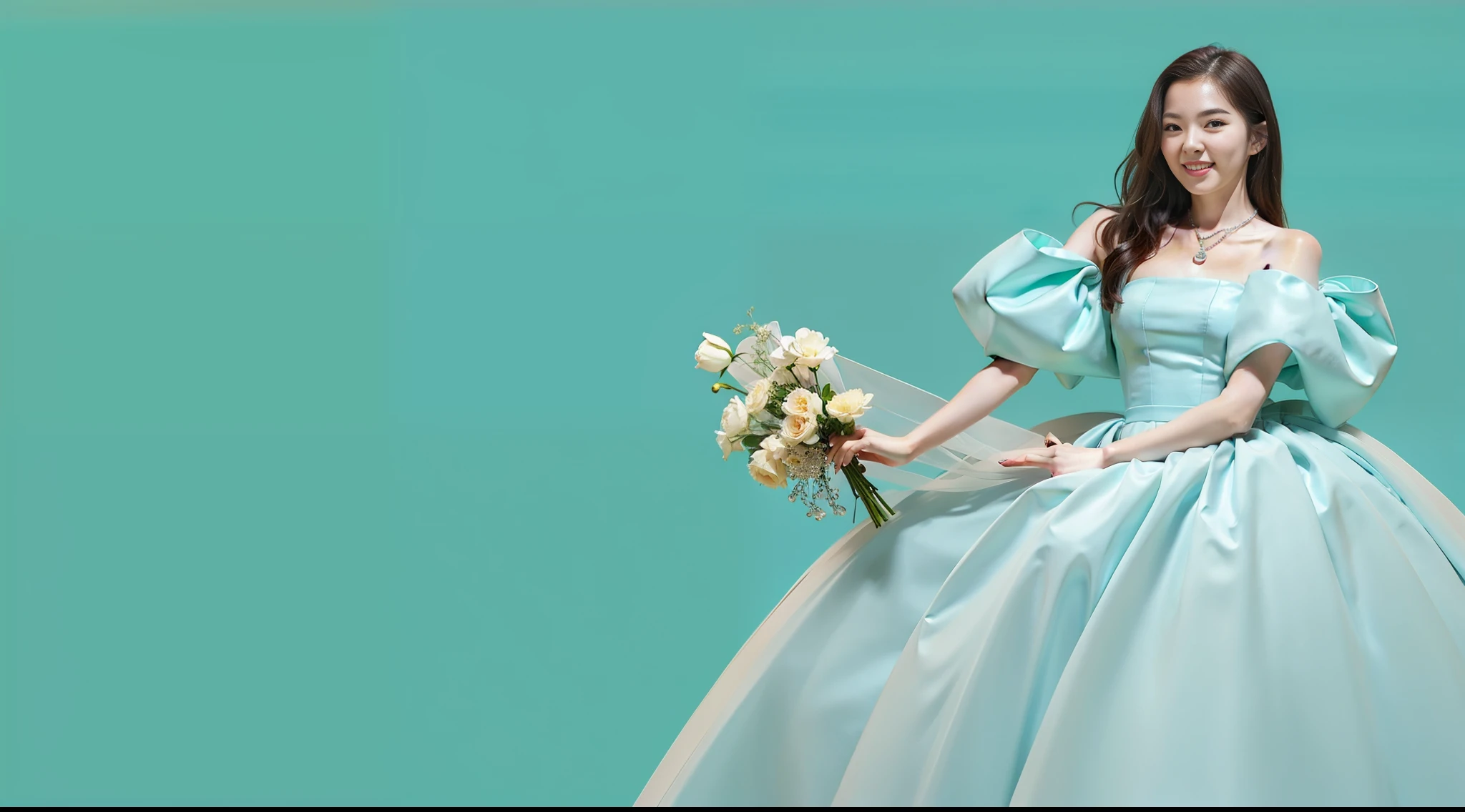 Temperamental beauty holding Tiffany flowers,With a smile on your face, The facial features are three-dimensional and delicate, Dressed in Tiffany clothes, Tiffany blue pure photography background, Photo elegant digital art, tiffany style,Texture,the detail, High-quality posters