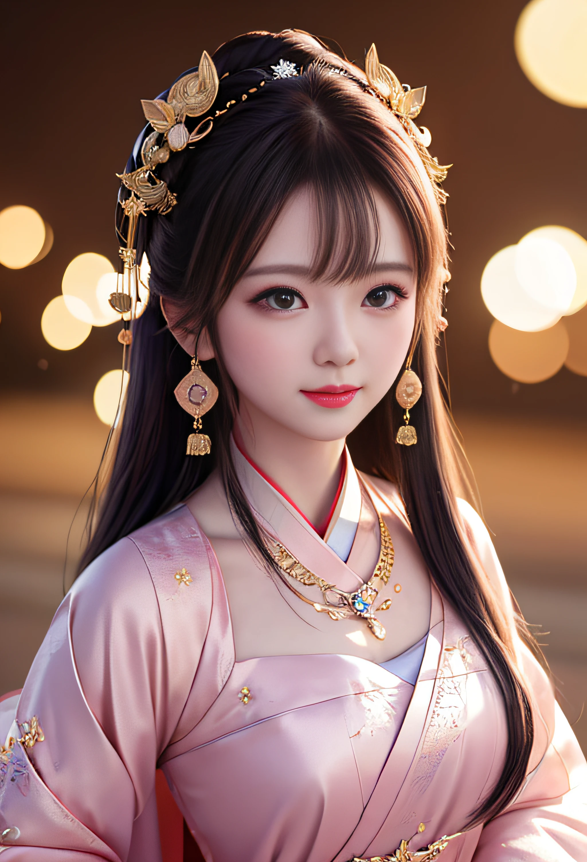 best quality, masterpiece, highres, 1girl,blush,(seductive smile:0.8),star-shaped pupils,china hanfu,hair ornament,necklace, jewelry,Beautiful face,upon_body, tyndall effect,photorealistic, dark studio, rim lighting, two tone lighting,(high detailed skin:1.2), 8k uhd, dslr, soft lighting, high quality, volumetric lighting, candid, Photograph, high resolution, 4k, 8k, Bokeh