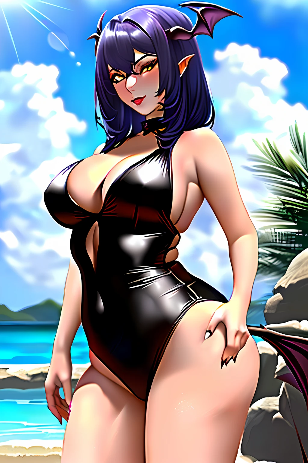 A young-looking, yellow-eyed woman, cabelos roxos e longos, is a succubus, tem 1,70 de altura, usa uma roupa com muitas aberturas e mostra bastante pele, she often wears spicy clothes and her body has several curves Extremely seductive