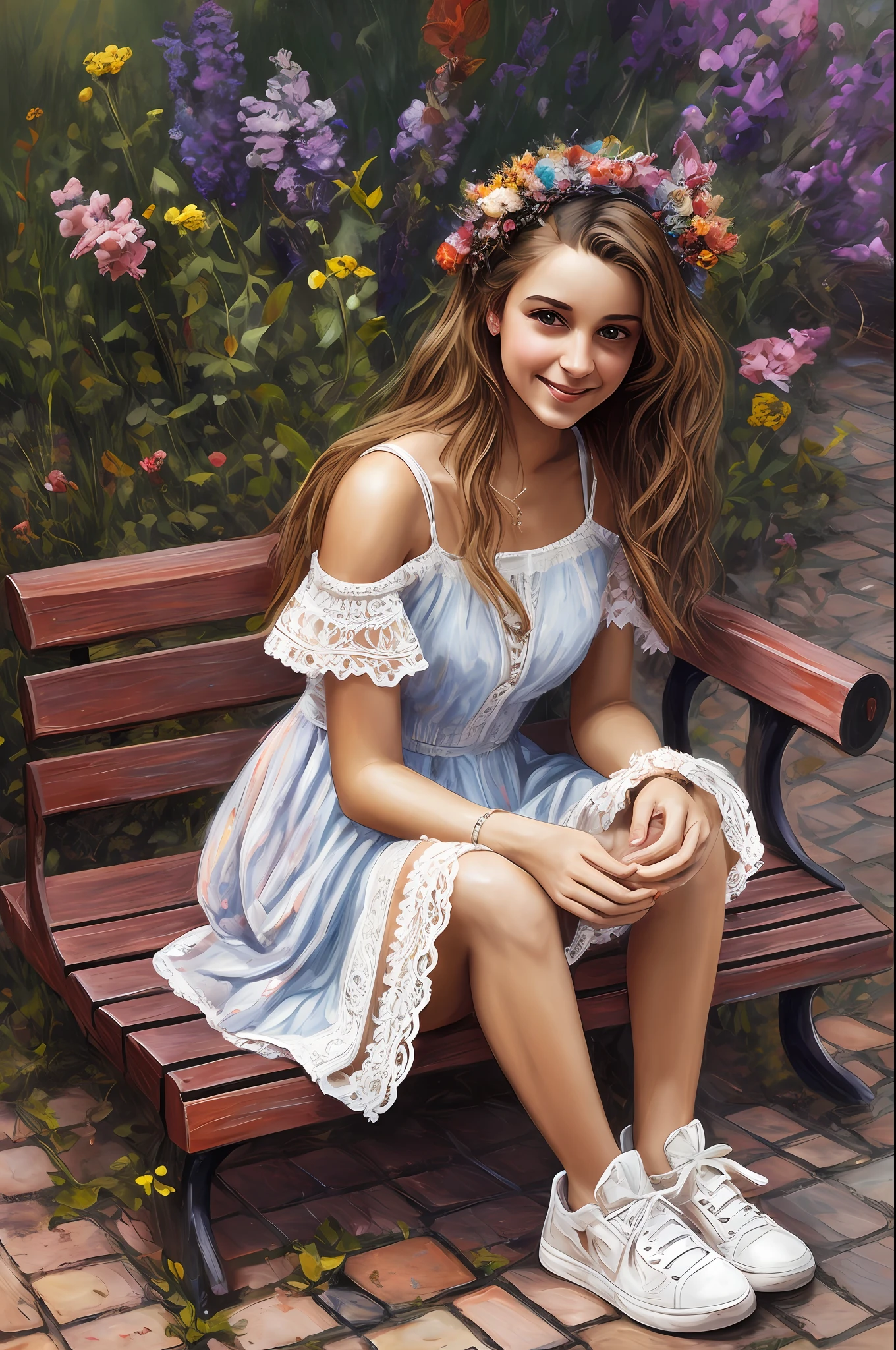 Gorgeous young Daria Taranka, with emotional eyes and wet hair, in a wet light summer dress, a Khokhloma style dress, smiling happily in pink sneakers, Sat down, on a wet bench, Paving stones in the park, intricate details, 16k, Dynamic photo, (the atmosphere of the photo in Yuri Arkurs style),, Stunning, Highly detailed, 8K, ornate, Intricate, Cinematic, Raw, atmospheric, (oil painting:0.75), (headband:0.75),(teal:0.2),(orange:0.2), (by Jeremy Mann:0.5), (by John Constable:0.1),(by El Greco:0.5),(acrylic paint:0.75), 8K