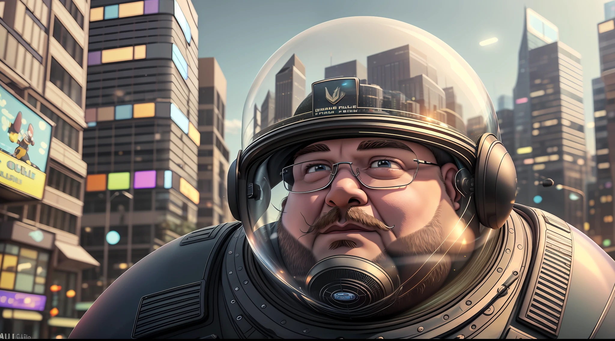 dynamic scene. The future is 2100. A funny fat man special forces policeman in a glass helmet that barely fits over his head looks up in surprise. Close-up. Pastel colors. Cartoon Pixar Disney. Blurred Background of the evening city of the future, a slight haze. --auto --s2