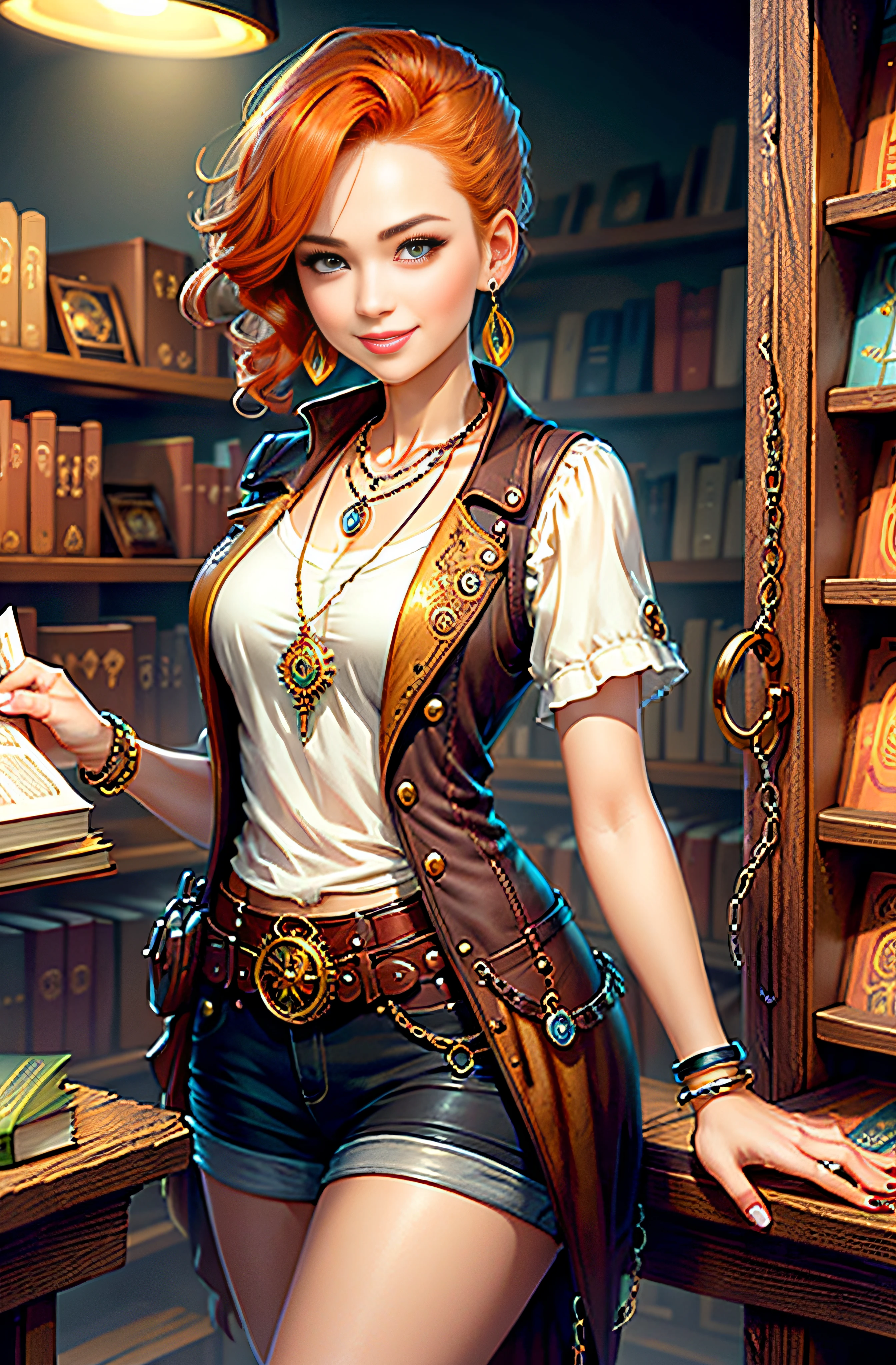 Steampunk, steampunk, smiling woman with ginger hair in a small bookstore, necklaces, earrings, bracelets, chains, shirts, vests, belts