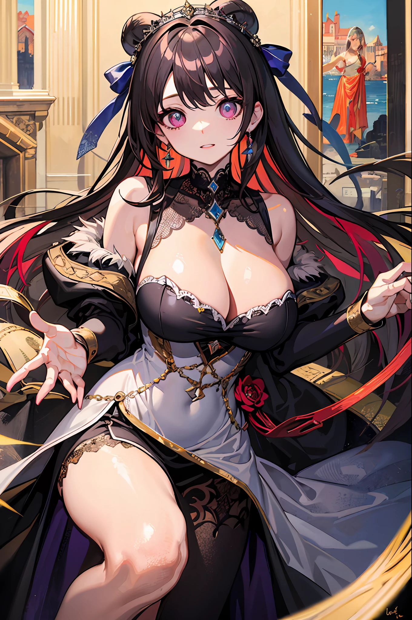 masterpaintings, beste-Qualit, 8K quality,1girl huge large breasts, finely quality eyes, blone hair, looking looking at viewer, Princess dress,citadel