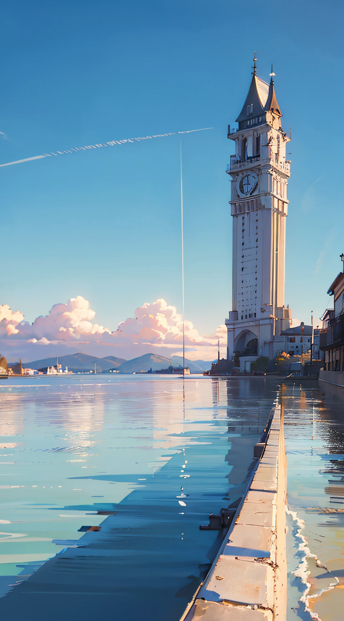 no humans, scenery, vanishing point, from below, masterpiece, best quality, 8k, absurdres, water surface, summer, noon, sunlight, blue sky, perspective, depth of field, highres, finely detail, ultra-detailed, sharp focus