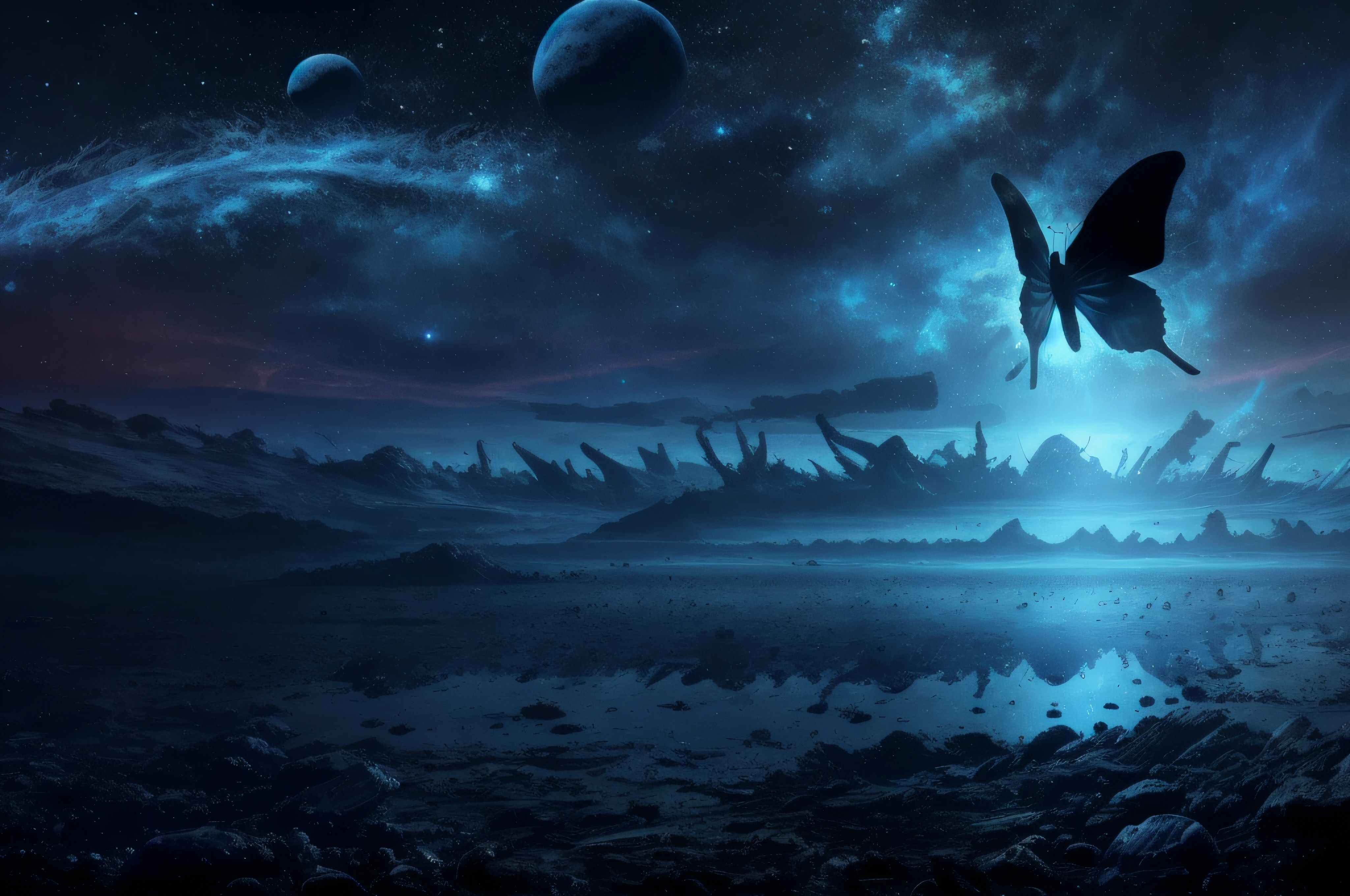 masterpiece, best quality, extreme detail, 8k, image sharpness, black butterfly flying above alien planet, alien planet landscape, starry sky, moons, psychedelic sunset, occult, mysterious, galaxy, nebula, dramatic lighting, sparkles