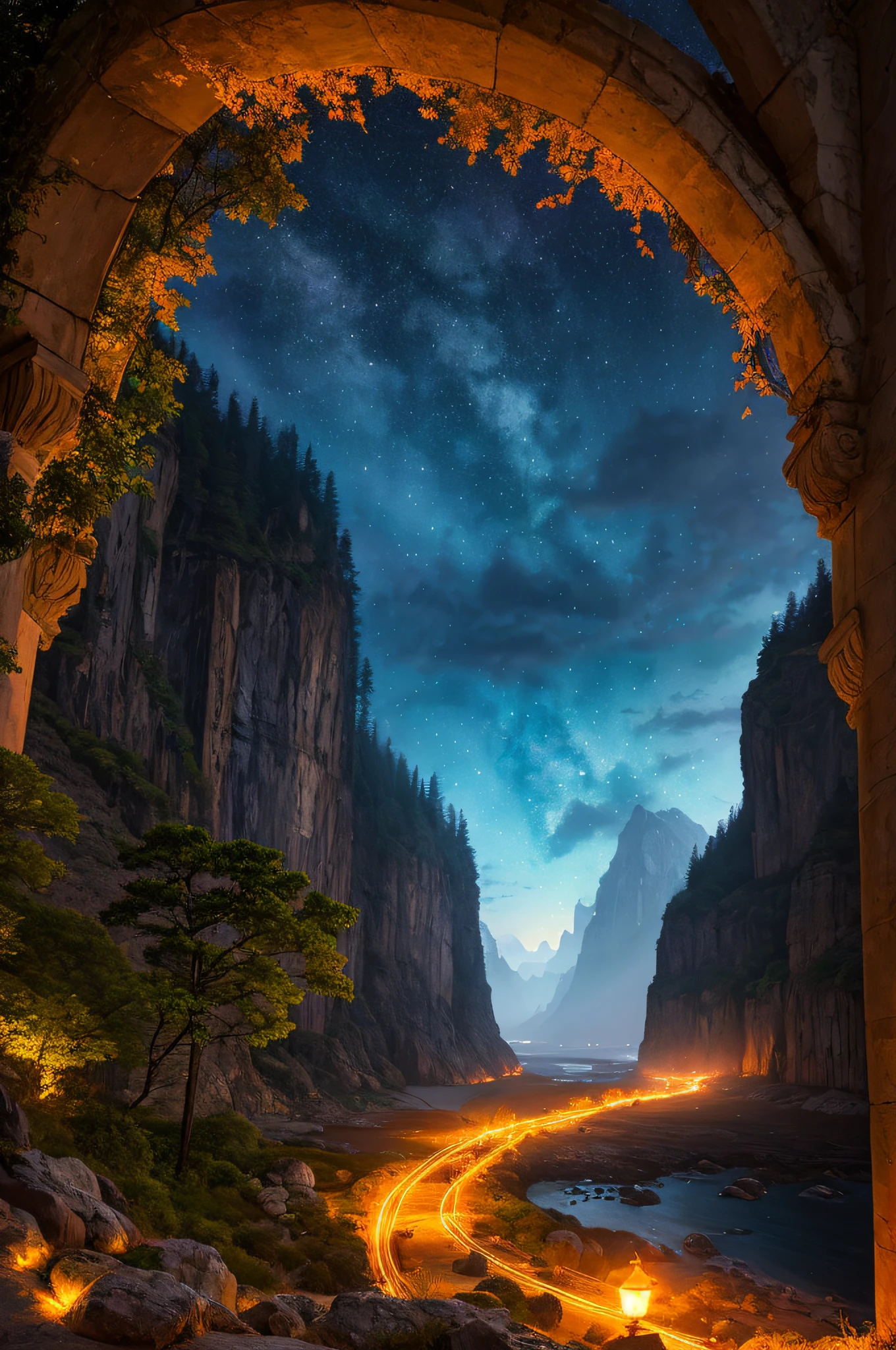 best quality, masterpiece, beautiful wild and natural fantasy landscape with glowing lights