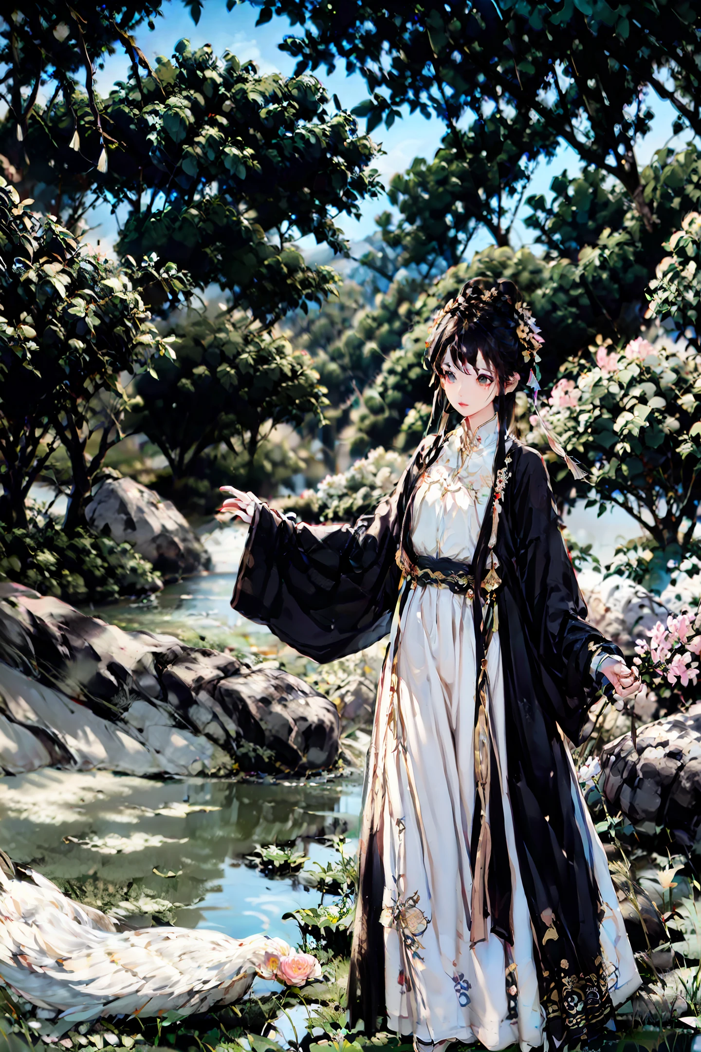 Willow trees, both sides of the lake, swan, lotus flowers, gazebo, a beautiful girl, perfect face, standing, look far