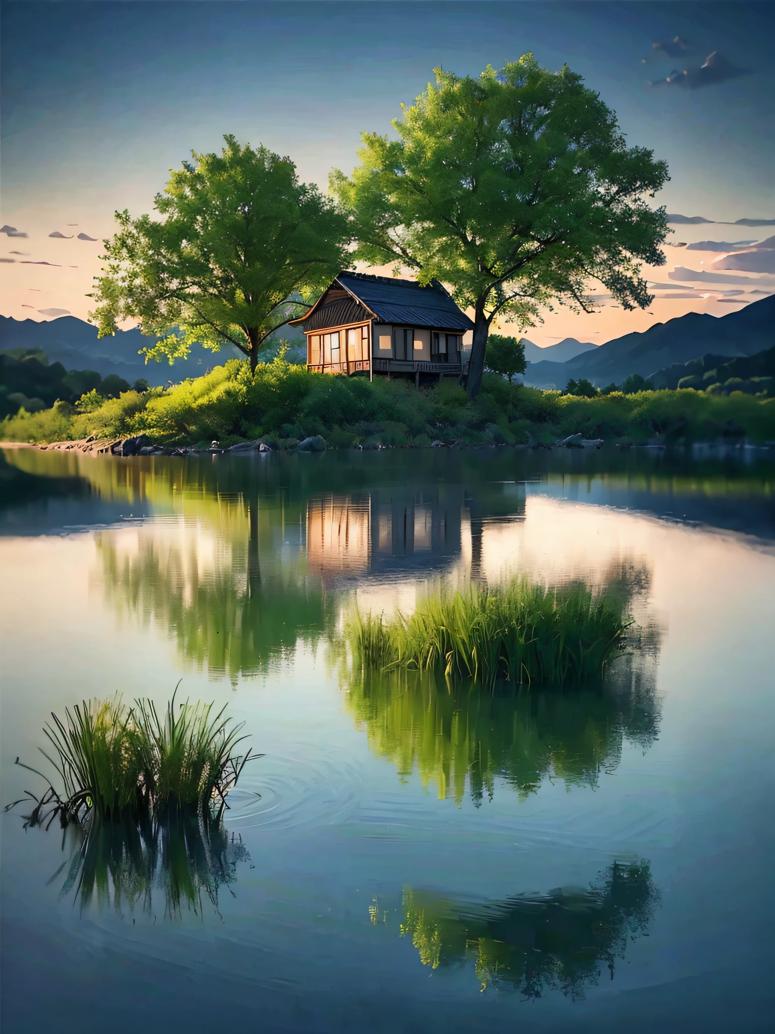 there is a small house on a small island in the middle of a lake, beautifully lit landscape, peaceful landscape, serene landscape, beautiful serene landscape, amazing landscape, in a serene landscape, an amazing landscape image, dreamy landscape, beautiful lake, beautiful landscape, stunning landscape, setting in nature, beautiful lake background, perfect landscape, stunning light reflections, beautiful dreamy landscape