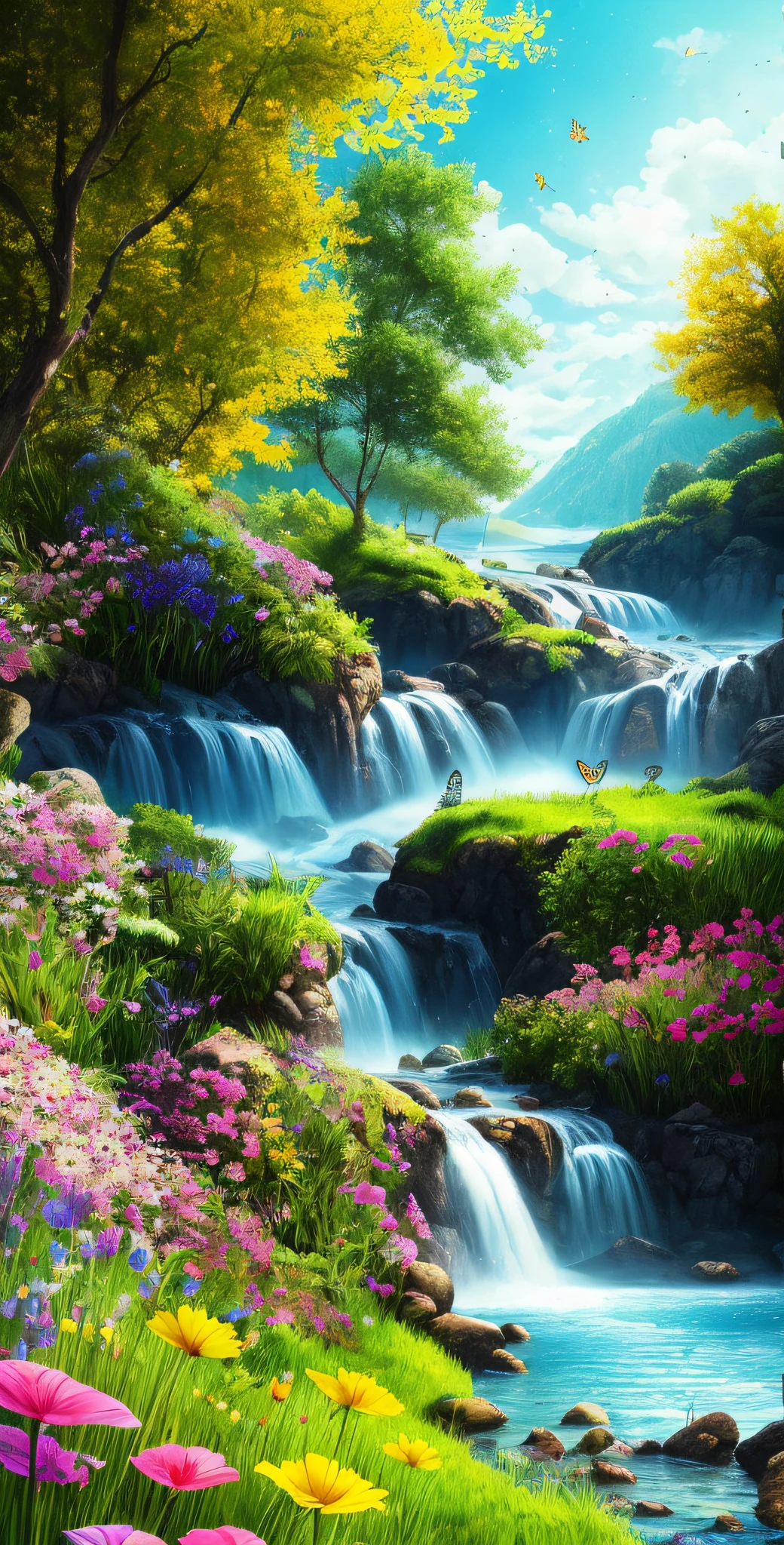 masterpiece, best quality, high quality, extremely detailed CG unity 8k wallpaper, An extremely colorful and purely fantasy environment with vibrant hues and a bright sky, landscape of bright green grass, colorful trees, glittering fruits, and bright blue flowers. The streams are a deep shade of blue, and the air is filled with sweet exotic scents. The environment appears to be taken out of a dream, with luminescent butterflies and giant colorful birds flying around, award winning photography, Bokeh, Depth of Field, HDR, bloom, Chromatic Aberration ,Photorealistic,extremely detailed, trending on artstation, trending on CGsociety, Intricate, High Detail, dramatic, art by midjourney