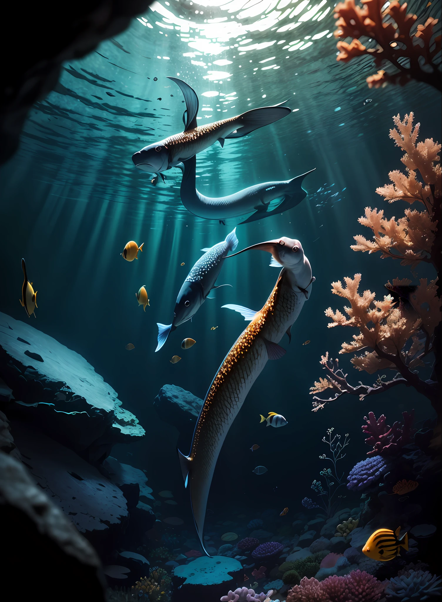 (masterpaintings,Best Quority:1.2),(without humans,precipice,Under the water,Perspectiveal,from from below:1.5),8K,OriginalPhoto,absurderes,Beautiful coral reef,Rochas,Many very small fish,Colorful tropical fish,light leaks,depth of field,Amazing scenery,filmgrain,color difference,dynamic lighting,Dramatic lighting,hdr,realisticlying,filmgrain,color difference,A high resolution,hyper-detailing,finedetail,ighly detailed,shadowed, sharp foc,The flow of water forms the text