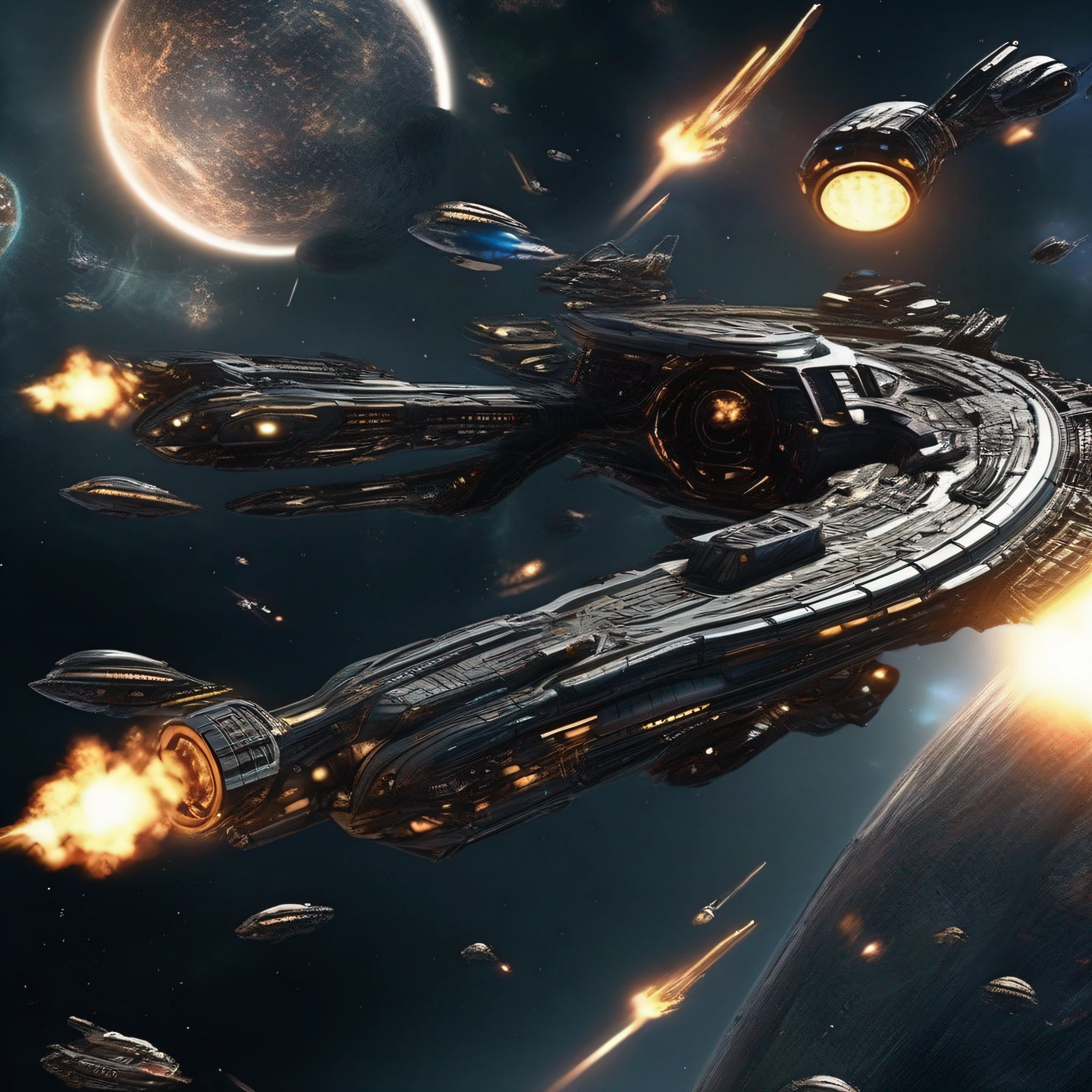 The alien battleships all exploded,destroy,Our side wins。Aliens surrender、A futuristic world、Science fiction universe space、Bank Starfield、Saturn ring、Tech shines、Light energy magnetic levitation、Quantum collision、Time travel、ultra high def、hyper-detailing,Deep view、Lagrange,Shoot down and destroy enemy warships,exploding,ambiance,Planetary halos,