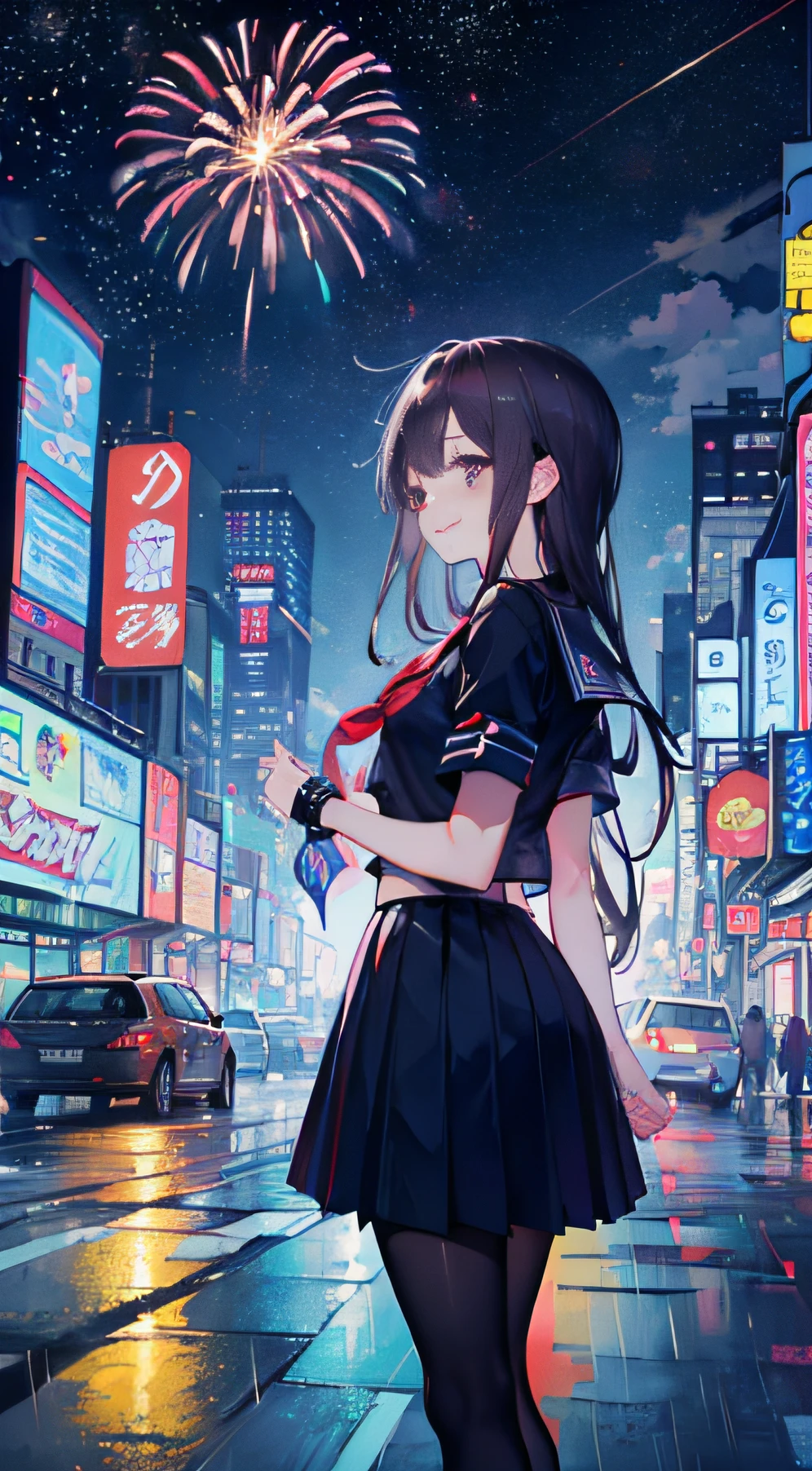 Ray tracing,Best quality,巨作,An extremely delicate and beautiful,Colorful,art book,Cyberpunk,City,Kowloon,Rain,Starry sky,floating sakura,Fireworks,cyber punk city,profile,hime-cut,Smile,Standing,arms behind back ,serafuku,big legs, --auto