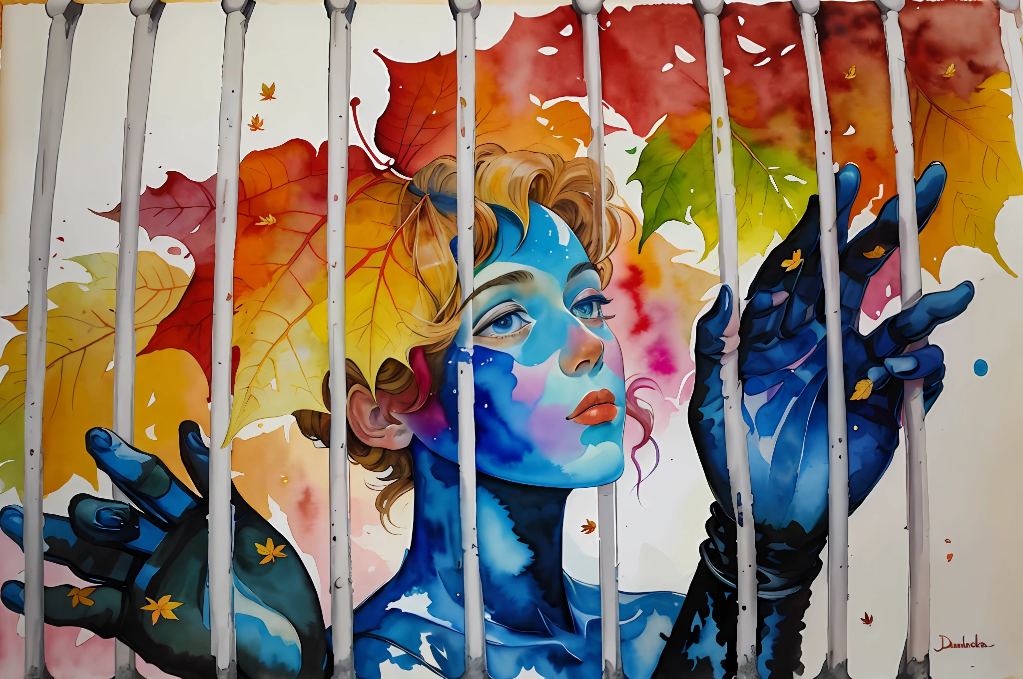painting of a woman with a autumn leaves like hair behind bars, hands grabbing bars, her one eye is shaped like yellow crescent moon, body colored like andromeda galaxy, colourful drawing, fantasy water color, inspired by Grytė Pintukaitė, aquarel painting, by Shekhar Gurera, water color on paper, inspired by Diane Dillon, water color painting, inspired by Dorothea Tanning, inspired by Jan Stanisławski, a watercolor painting. anatomically correct, correct hands, pout, high quality, ccurate