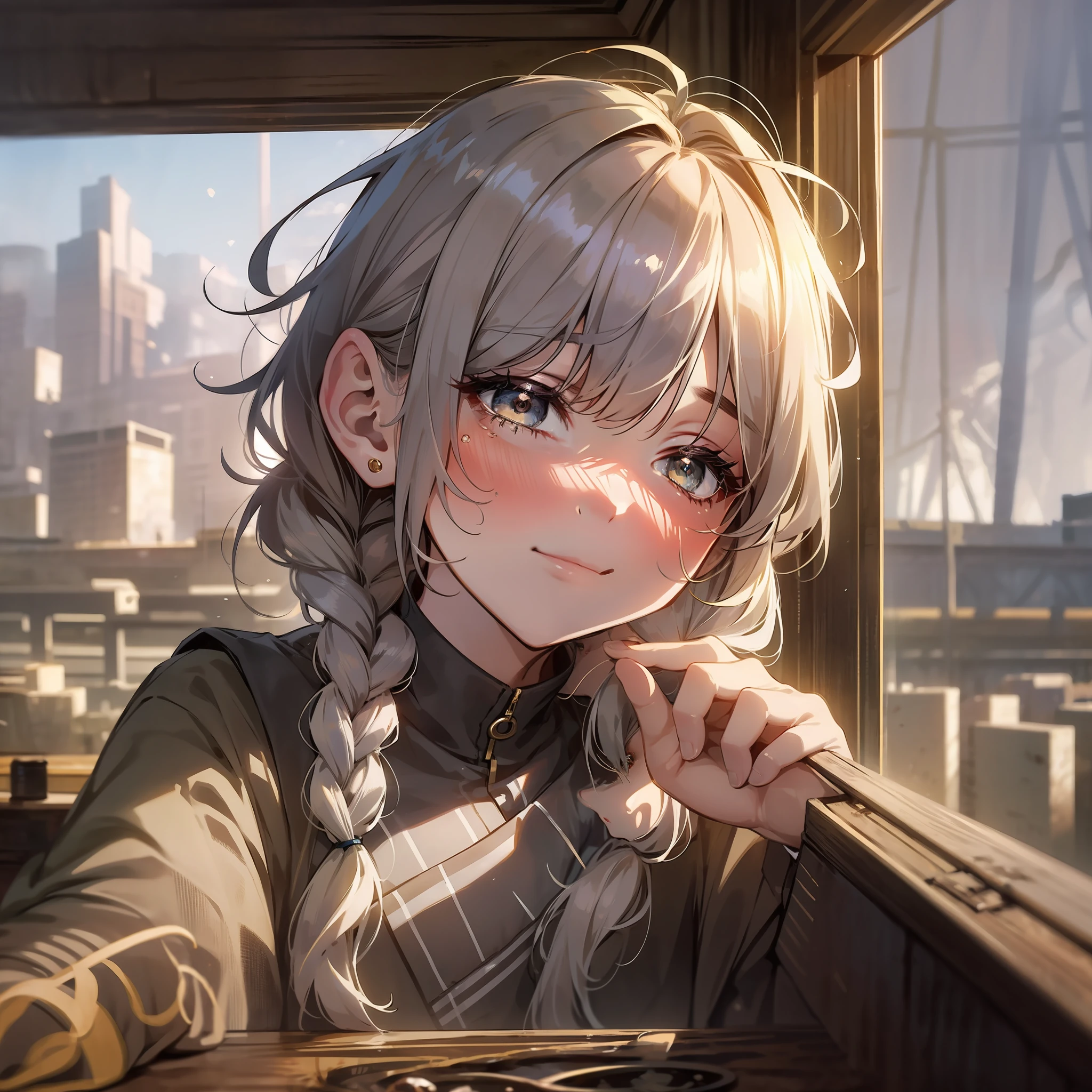 best quality, masterpiece,white hair, gold eyes,white clothes, looking up, upper body,hair strand,Fair skin,side braids