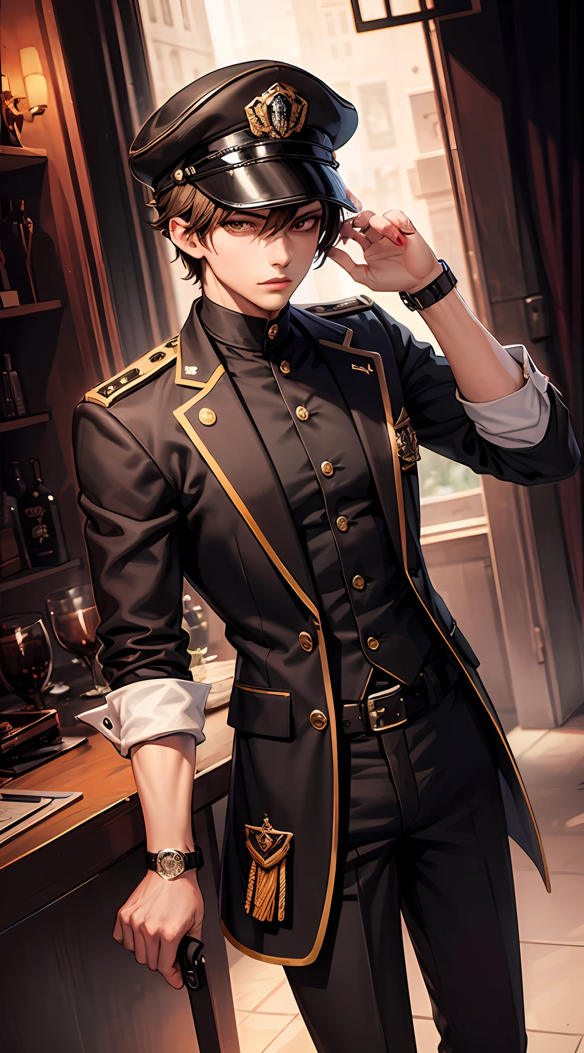 (best illumination, best color depth, masterpiece quality), a male with brown short hair, wearing a stylish hat, a black mafia uniform, on a vibrant and eye-catching background.