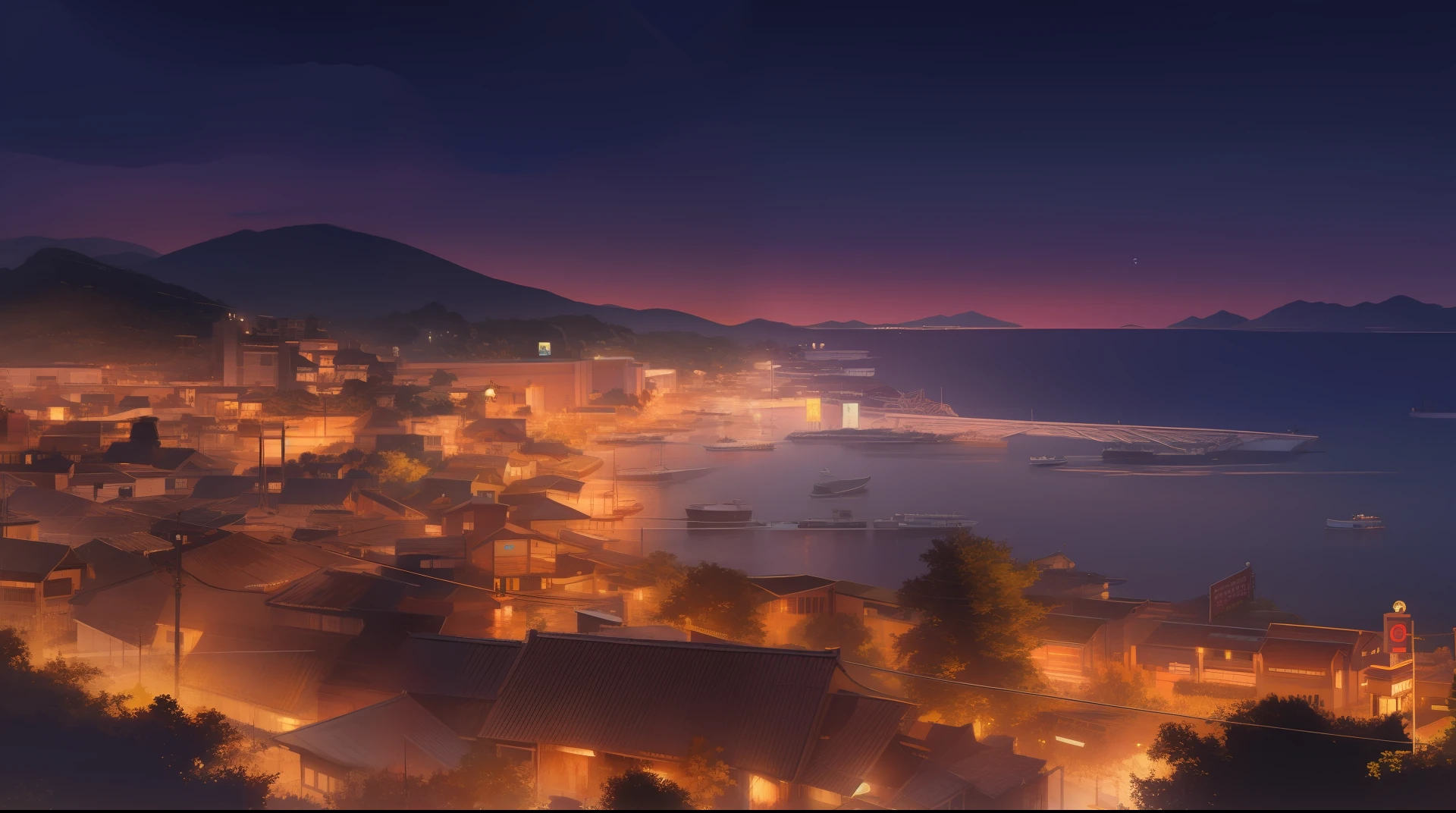 fishing port, dusk, neon lights, high quality, illustration, Japan animation background, world heritage, beautiful, balanced, 8k