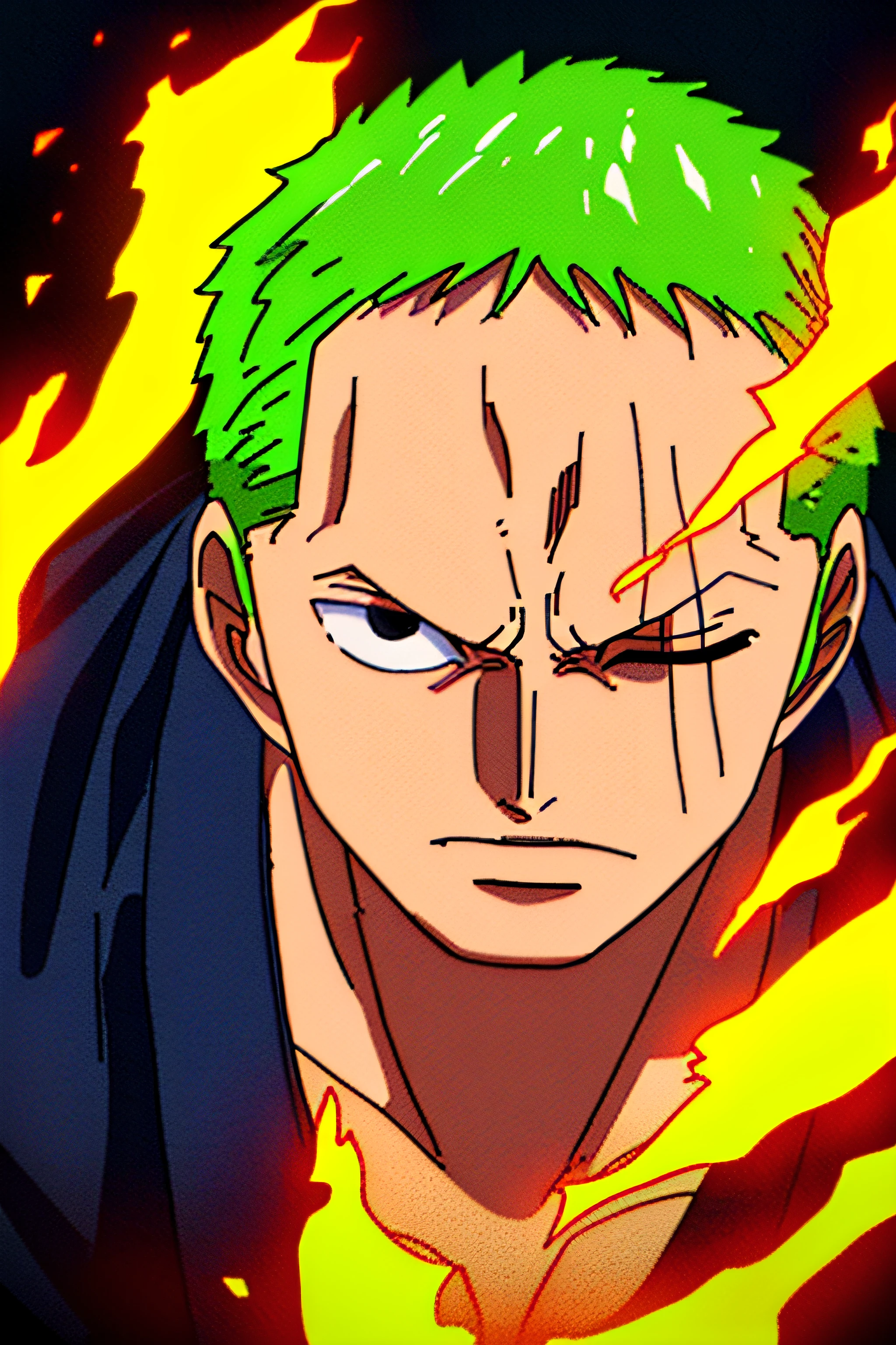 1boy, wanostyle, roronoa zoro, angry looking, katana, (one eye closed), scar across eye, green hair. solo, upper body, (((masterpiece))), ((best quality)), (extremely detailed), watercolor, illustration, depth of field, sketch, dark intense shadows, sharp focus, soft lighting, hdr, colorful, good composition, fire all around, spectacular, black eyes, japanese clothes,