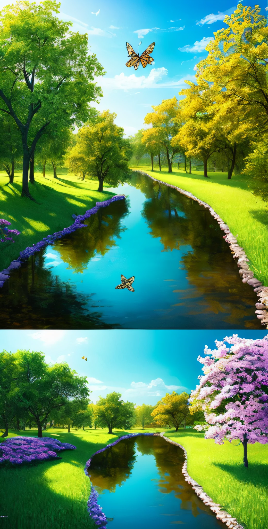 masterpiece, best quality, high quality, extremely detailed CG unity 8k wallpaper, An extremely colorful and purely fantasy environment with vibrant hues and a bright sky, landscape of bright green grass, colorful trees, glittering fruits, and bright blue flowers. The streams are a deep shade of blue, and the air is filled with sweet exotic scents. The environment appears to be taken out of a dream, with luminescent butterflies and giant colorful birds flying around, award winning photography, Bokeh, Depth of Field, HDR, bloom, Chromatic Aberration ,Photorealistic,extremely detailed, trending on artstation, trending on CGsociety, Intricate, High Detail, dramatic, art by midjourney