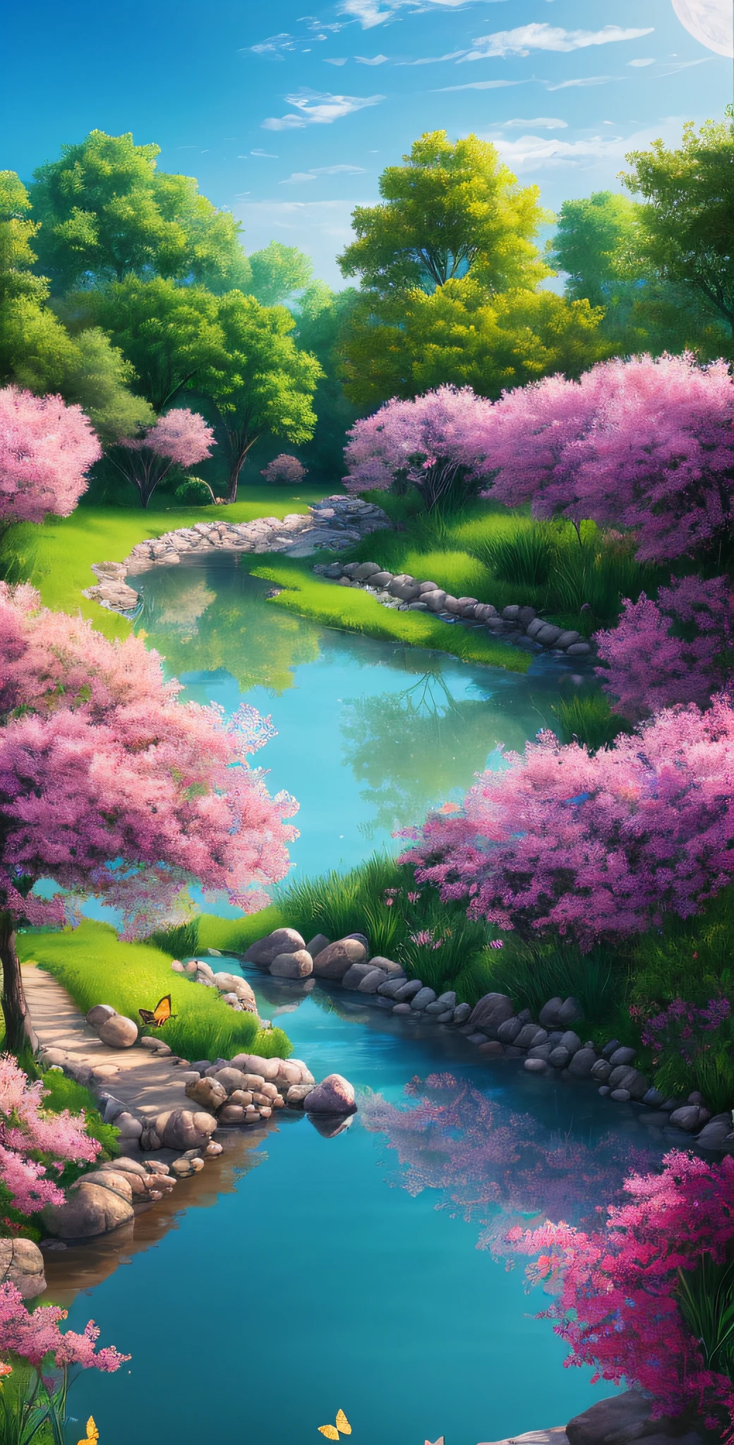 masterpiece, best quality, high quality, extremely detailed CG unity 8k wallpaper, An extremely colorful and purely fantasy environment with vibrant hues and a bright sky, landscape of bright green grass, colorful trees, glittering fruits, and bright blue flowers. The streams are a deep shade of blue, and the air is filled with sweet exotic scents. The environment appears to be taken out of a dream, with luminescent butterflies and giant colorful birds flying around, award winning photography, Bokeh, Depth of Field, HDR, bloom, Chromatic Aberration ,Photorealistic,extremely detailed, trending on artstation, trending on CGsociety, Intricate, High Detail, dramatic, art by midjourney