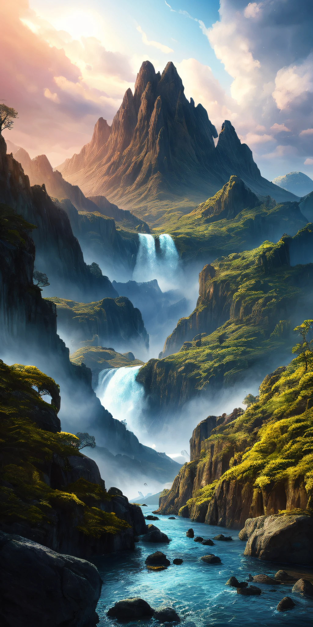 Masterpiece, best quality, high quality, extremely detailed CG unity 8k wallpaper, landscape, outdoor, sky, cloud, sky, no humans, mountain, landscape, water, tree, blue sky, waterfall, cliff, nature, lake, river , cloudy skies, award winning photography, bokeh, depth of field, HDR, bloom, chromatic aberration, photorealism, very detailed, trending on artstation, trending on CGsociety, intricate, high detail, dramatic, midjourney art