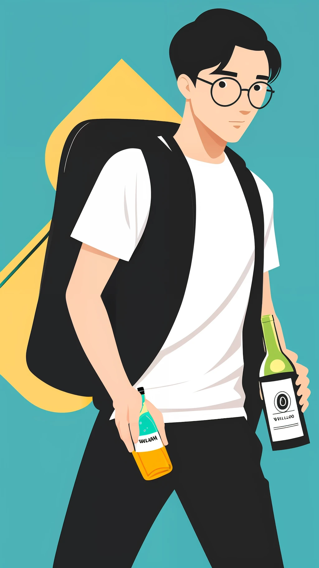 Illustration of black hair young no face man with white tshirt and Wellington glasses and sneaker holding white wine bottle drawn in a flat design