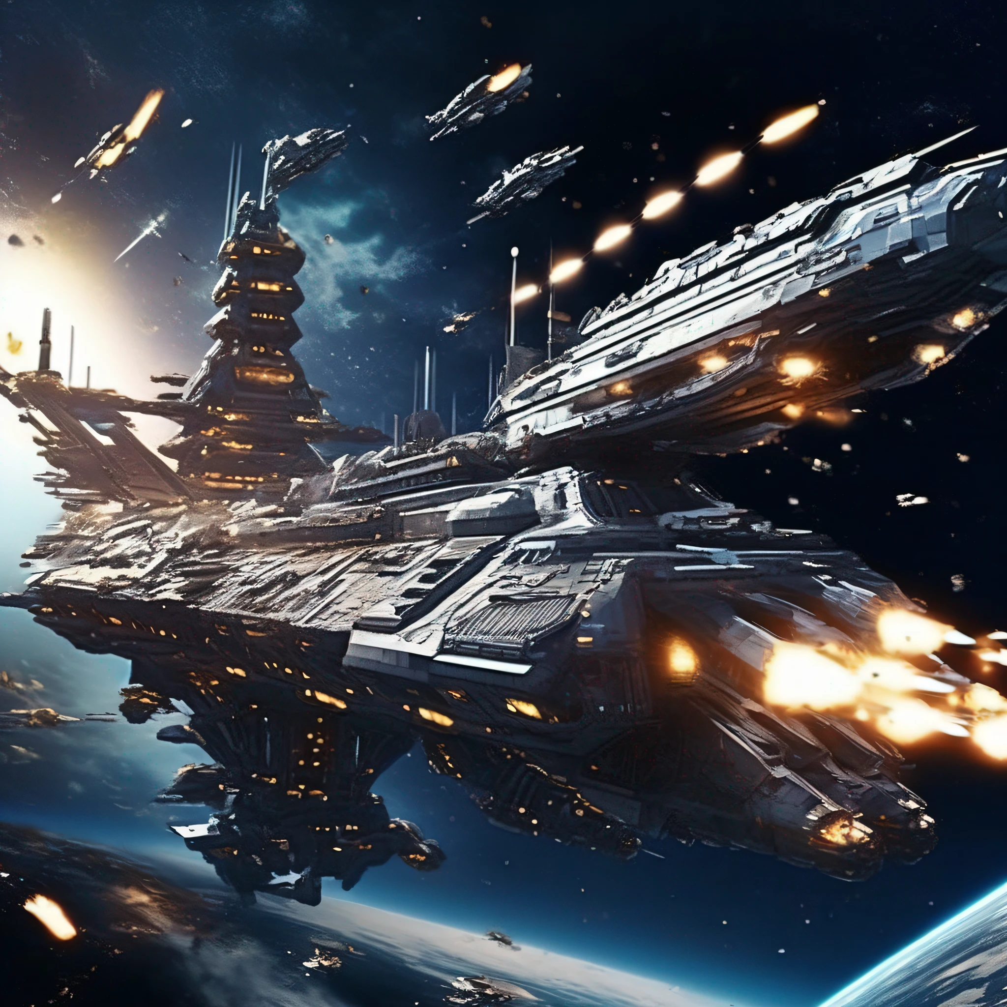 Space battleship、sci-fi movie、A futuristic world、Science fiction universe space、Bank Starfield、Saturn ring、Tech shines、Light energy magnetic levitation、Quantum collision、Time travel、ultra high def、hyper-detailing，Deep view、Lagrange，Shoot down and destroy enemy warships，exploding，ambiance，Planetary halo,victory，Battleship parade，Celebrate