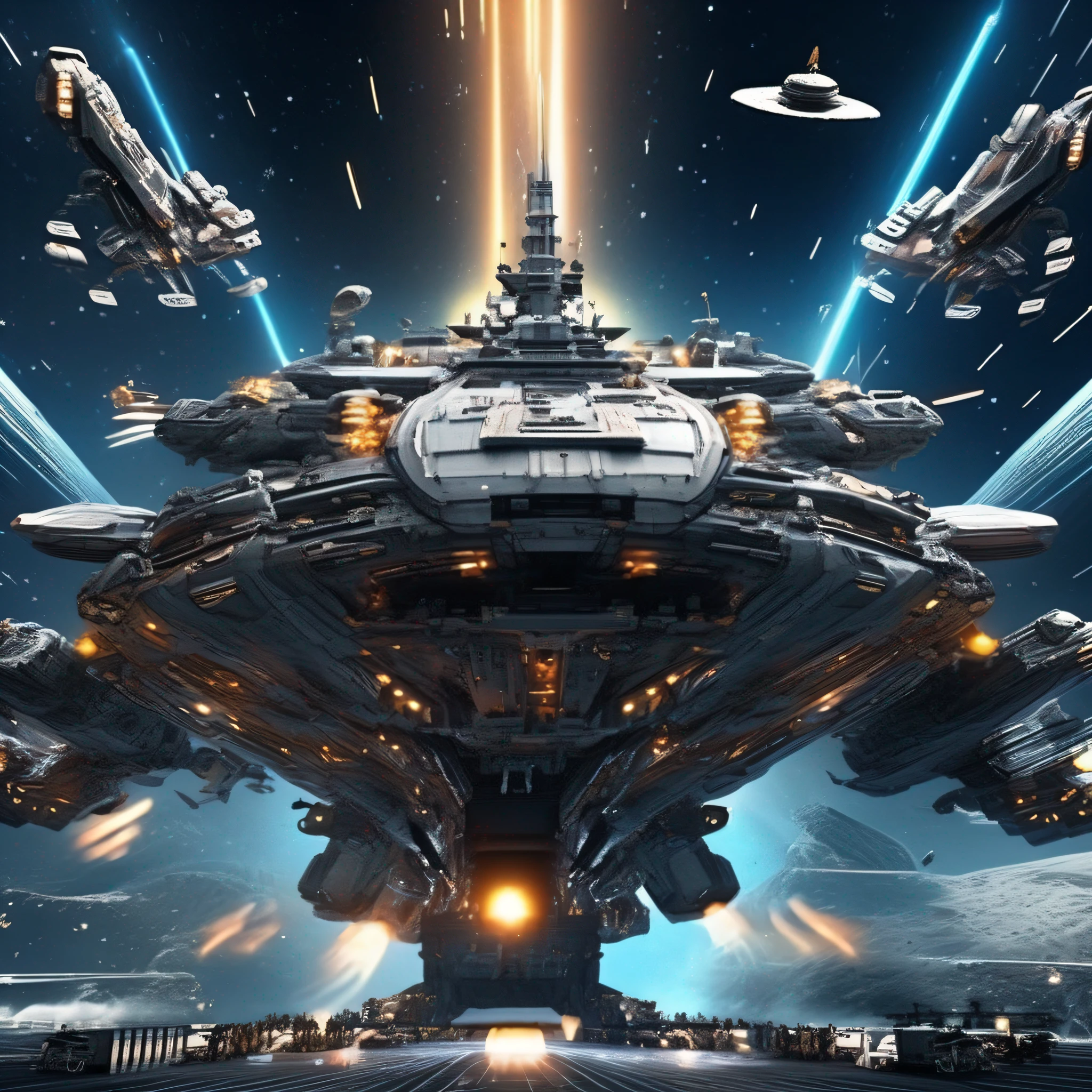 Space battleship、sci-fi movie、A futuristic world、Science fiction universe space、Bank Starfield、Saturn ring、Tech shines、Light energy magnetic levitation、Quantum collision、Time travel、ultra high def、hyper-detailing,Deep view、Lagrange,Shoot down and destroy enemy warships,exploding,ambiance,Planetary halo,victory,Battleship parade,Celebrate