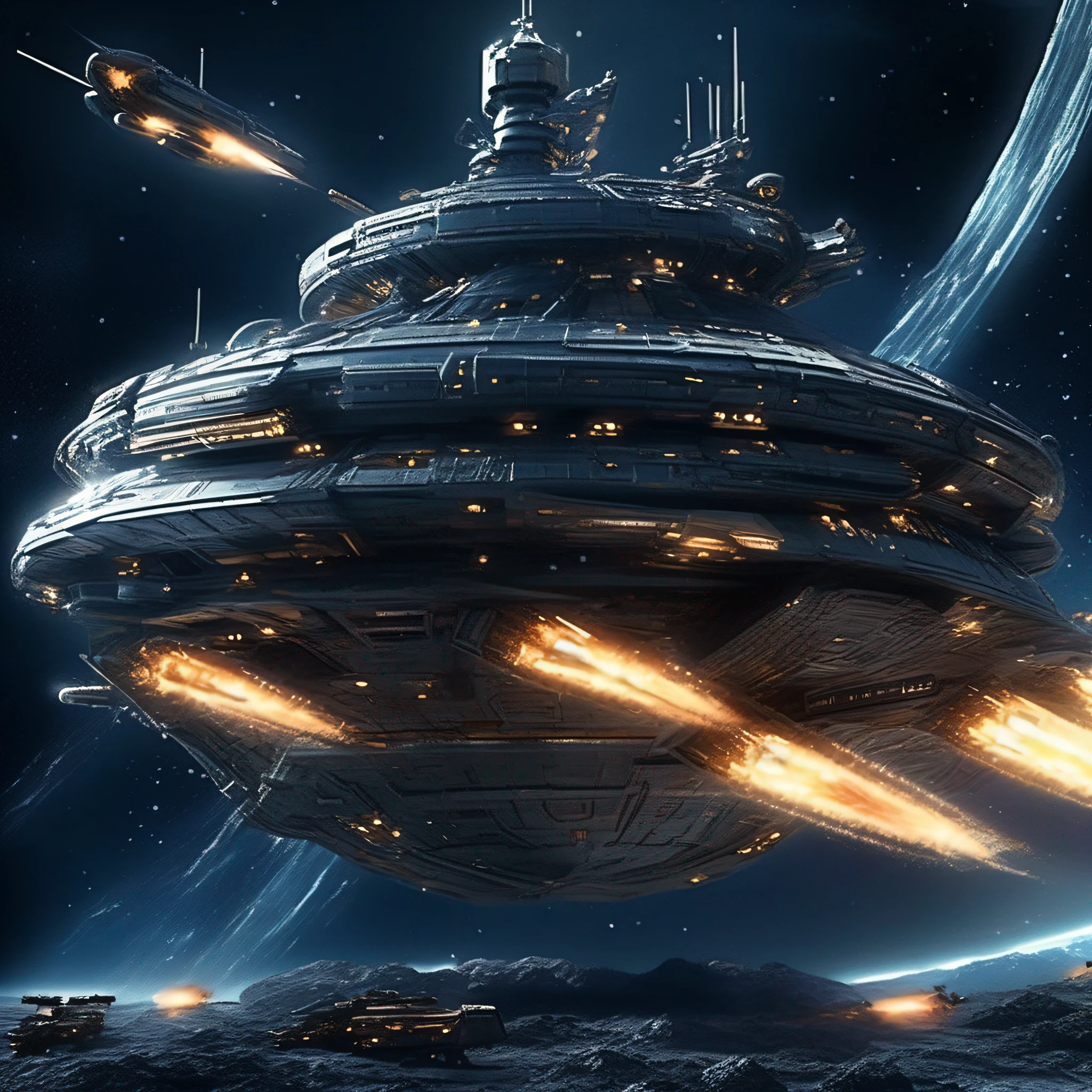 Space battleship、sci-fi movie、A futuristic world、Science fiction universe space、Bank Starfield、Saturn ring、Tech shines、Light energy magnetic levitation、Quantum collision、Time travel、ultra high def、hyper-detailing,Deep view、Lagrange,Shoot down and destroy enemy warships,exploding,ambiance,Planetary halo,victory,Battleship parade,Celebrate