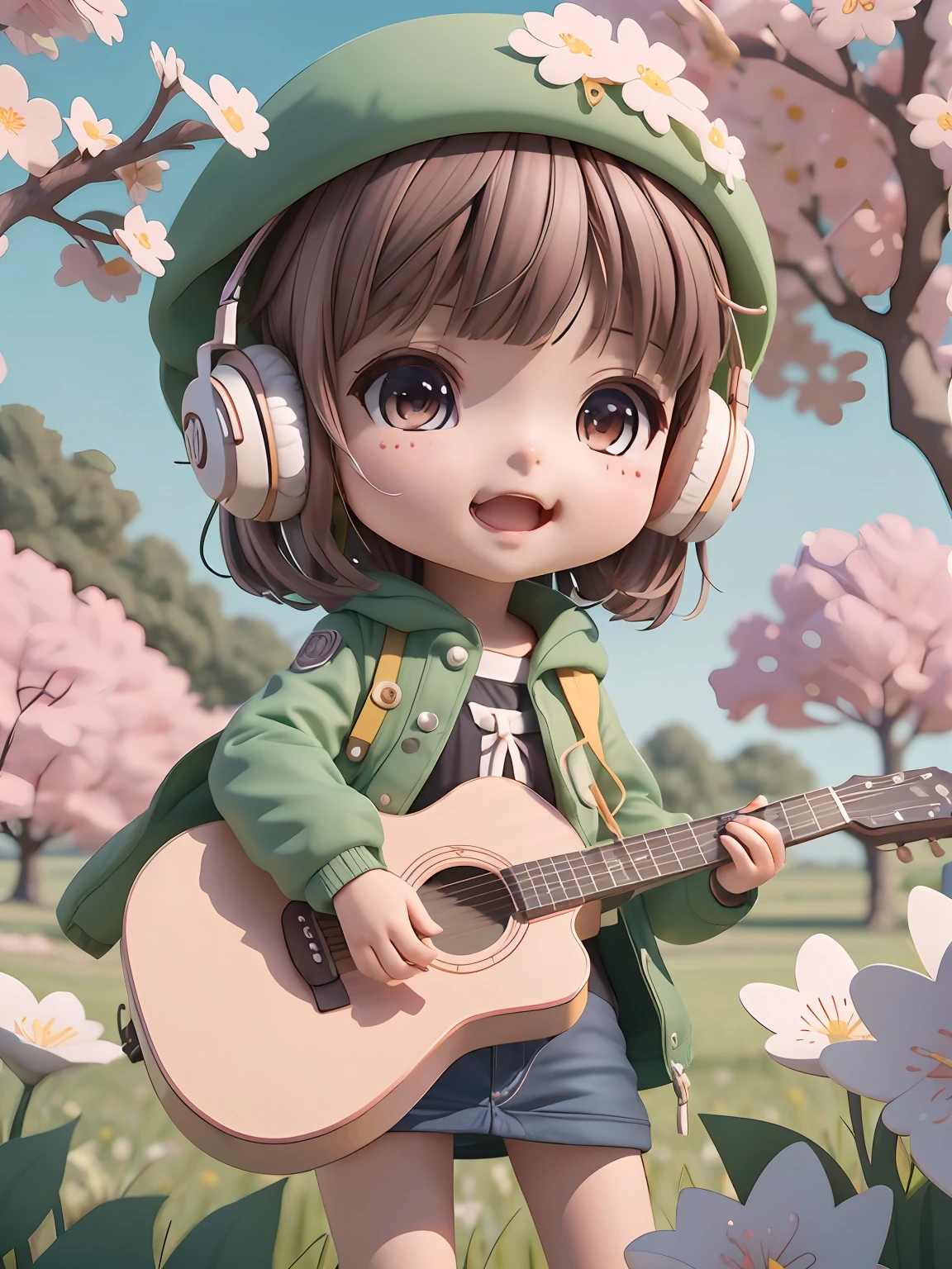 anime girl with a guitar and headphones in a field of flowers, render of a cute 3d anime girl, cute 3 d render, kawaii realistic portrait, anime styled 3d, stylized anime, render of april, cute detailed digital art, guwiz style artwork, realistic anime 3 d style, 3d anime girl, in anime style. 8K