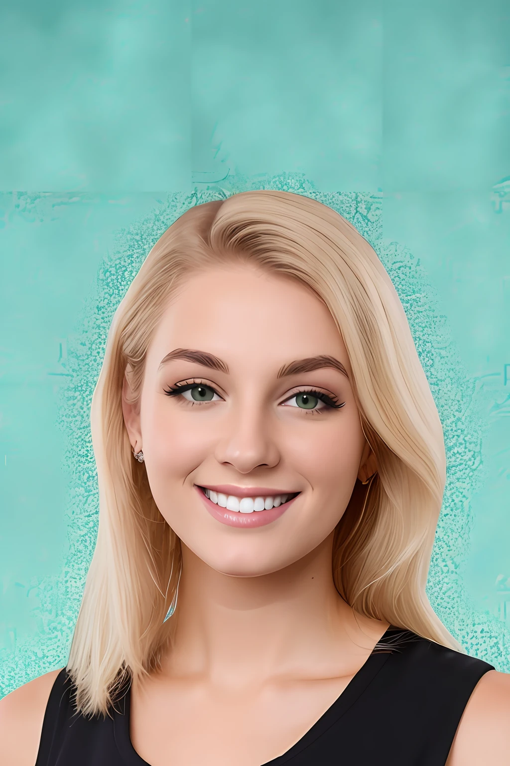 white girl with blond hair with a background is a greenscreen looks at camera smilling