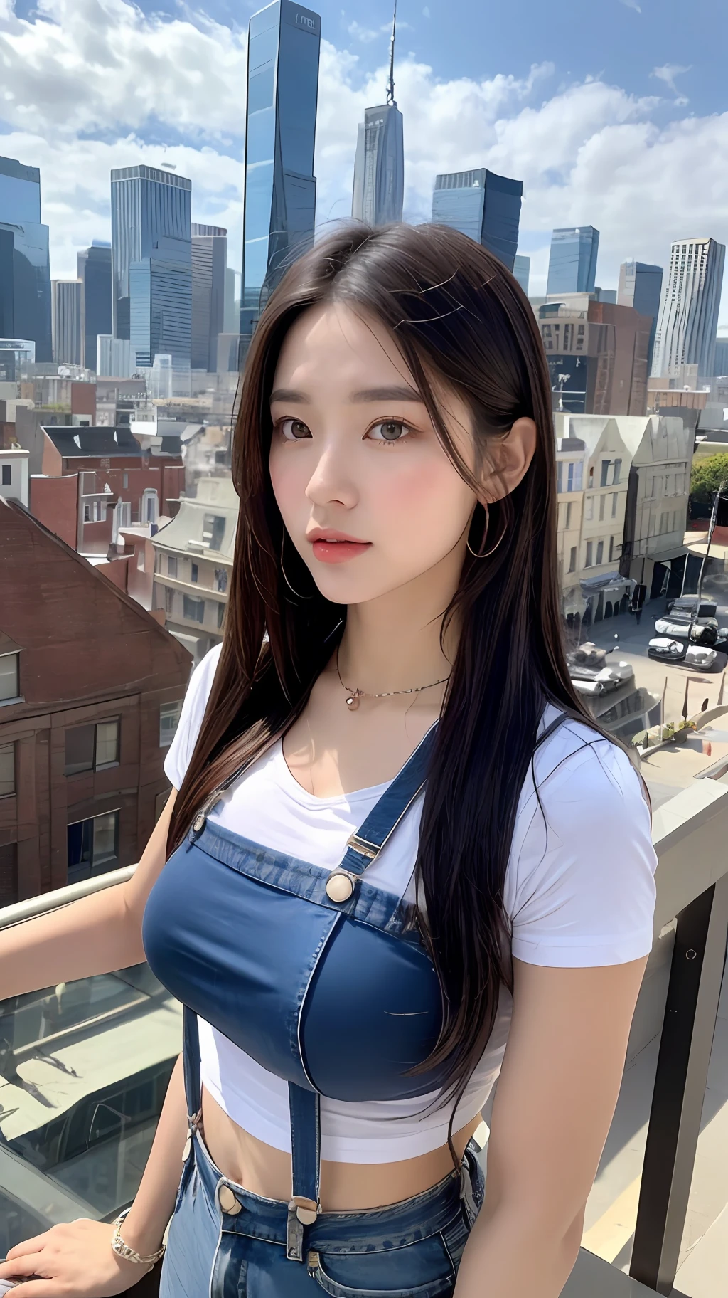 ((length hair, need, 8K, masterpaintings:1.3)), body complet, Long legs, Focalors:1.2, perfect figure beautiful woman:1.4, Slim abs:1.1, ((Dark brown hair, big tit:1.2 )), (Random color tight T-shirt, Long denim suspenders, to stand:1.2), ((City daytime, roofto:1.3)), Highly detailed facial and skin texture, detailed eye, 双眼皮,(((Do not wear jewelry around your neck))),(((Hands vertical,The arms are vertical)))