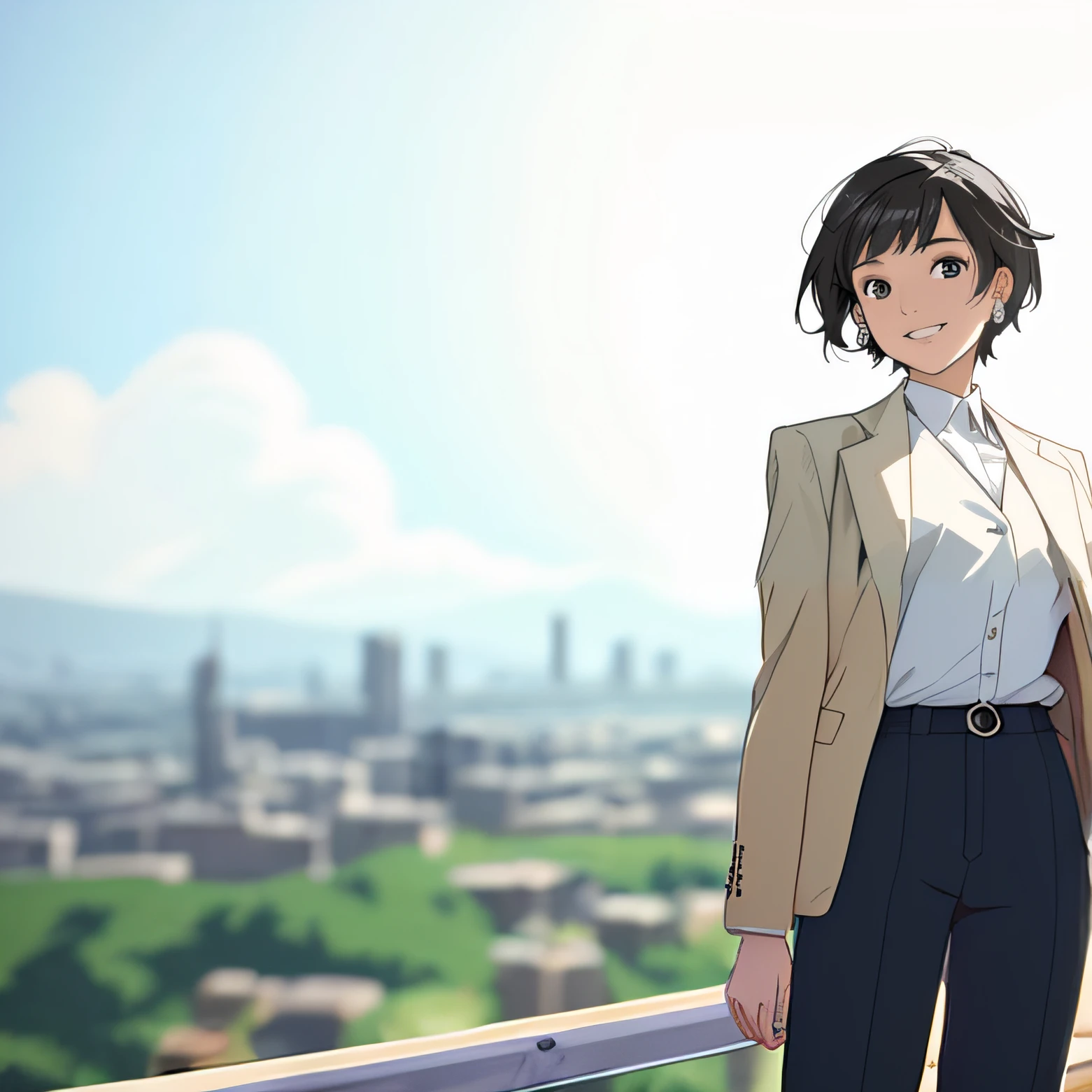 anime image of a woman in a suit and tie standing, Makoto Shinkai style, makoto shinkai. Digital rendering, studio glibly makoto shinkai, Makoto Shinkai art style, style of makoto shinkai, makoto shinkai ( Apex Legends ), makoto shinkai!, makoto shinkai!!, ( ( makoto shinkai ) )