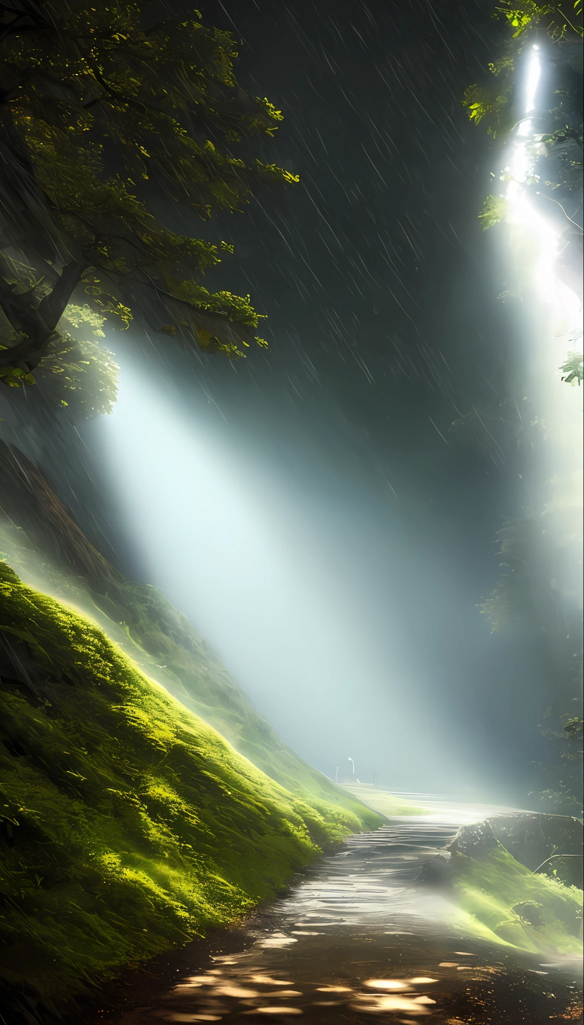 God rays, sharp focus, elven, elven architecture, elven city, royal city, stunning landscape, scenery, landscape, raining, dark fantasy, suspense