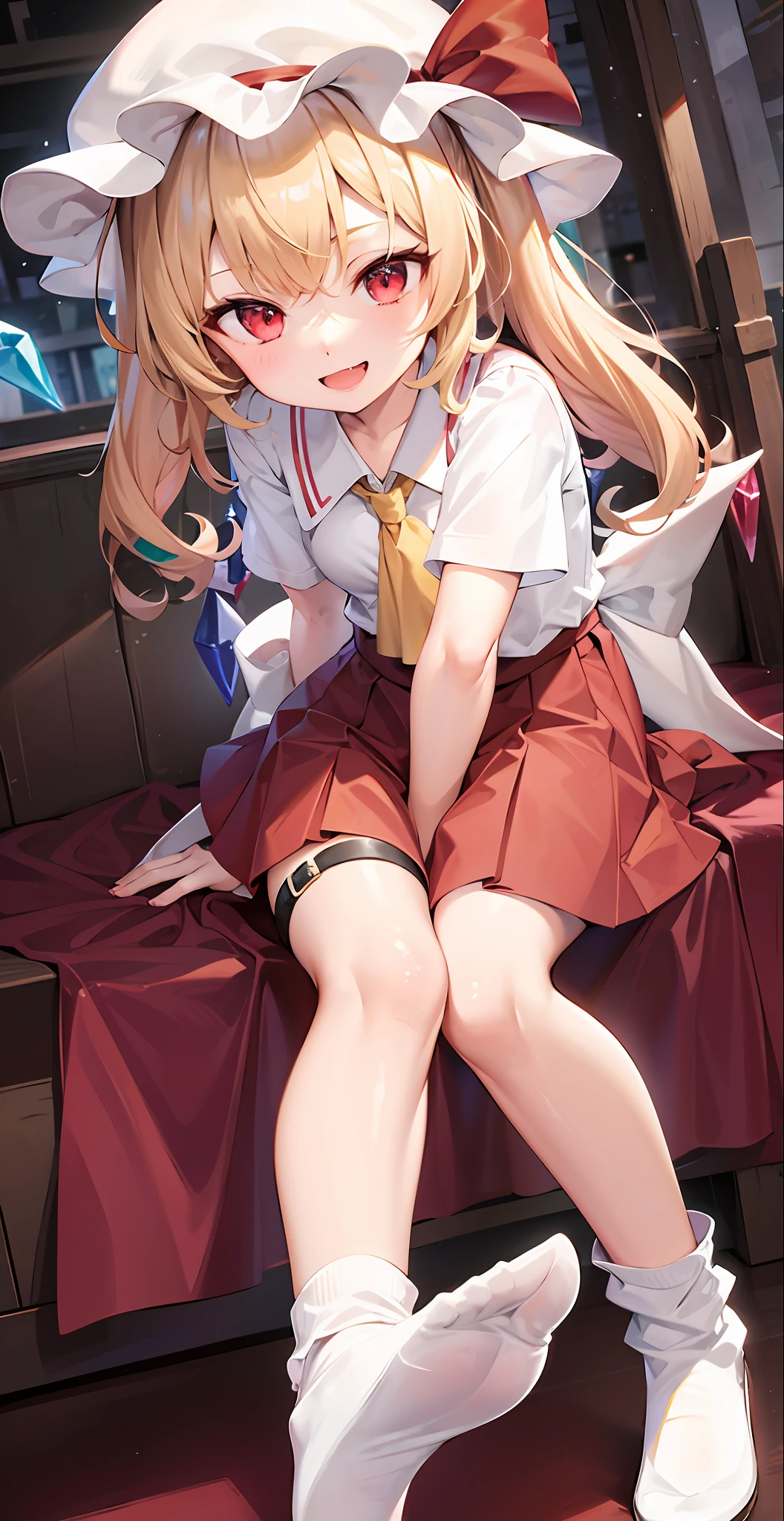 best quality, ultra high res, 1girl, solo, flandre scarlet, white soft hat, red hat bow, blonde hair, side ponytail, red eyes, shiny eyes, fang, red vest, short sleeves, puffy sleeves, yellow ascot, red frilled skirt, (crystal wings:1.2), bobby socks, mary janes, red shoes, laughing, ((evil smile)), looking at viewer, facing front, upper body, portrait,