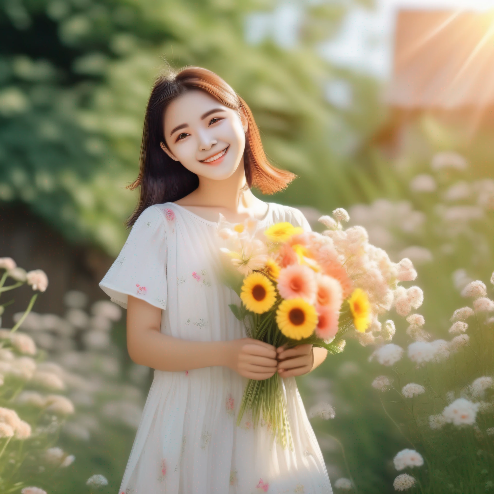 A photo of a summer flower and a girl,The background is a perfect summer landscape,flowers blooming,and the sun is shining,A gentle breeze。The girl is dressed in a light summer dress,Holding a beautiful bouquet of flowers,Smiling and turning to look into the camera。The photo uses a specific shooting mode、Color and lens skills,To show the beauty of summer flowers and girls。 —c 10 —ar 2:3 --auto