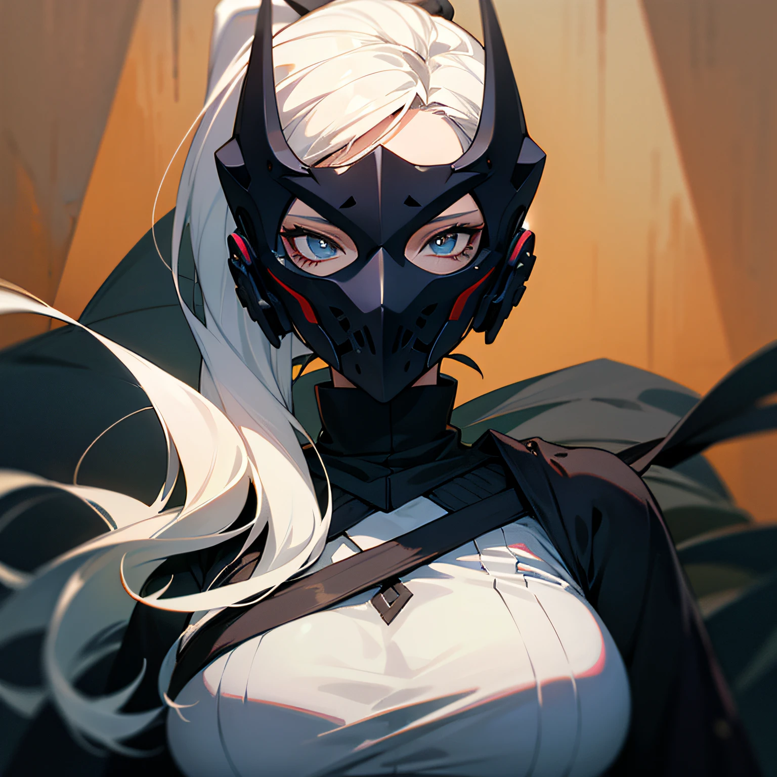 masterpaintings， hight clarity， hightquality， Detailed face，Girl Huge breasts，High ponytail，White hair，Full coverage black mask，Tech style,Anime style，male people