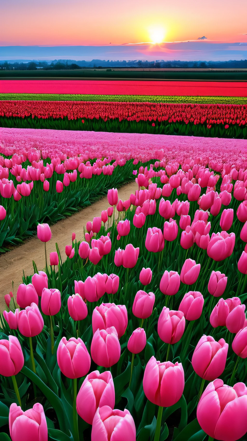 Spring,tulip field,sunset,beautiful sky,
distant viewwide angle