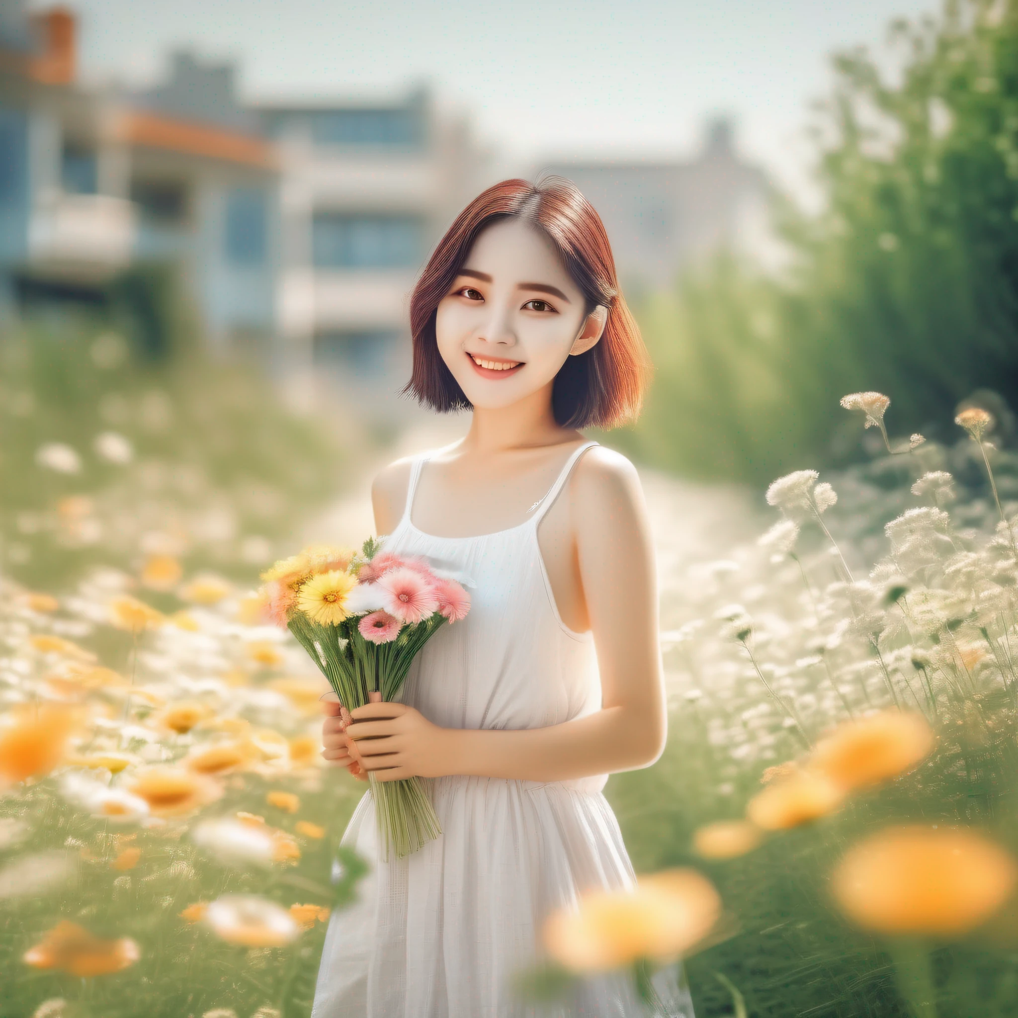 A photo of a summer flower and a girl，The background is a perfect summer landscape，flowers blooming，and the sun is shining，A gentle breeze。The girl is dressed in a light summer dress，Holding a beautiful bouquet of flowers，Smiling and turning to look into the camera。The photo uses a specific shooting mode、Color and lens skills，To show the beauty of summer flowers and girls。 —c 10 —ar 2:3 --auto