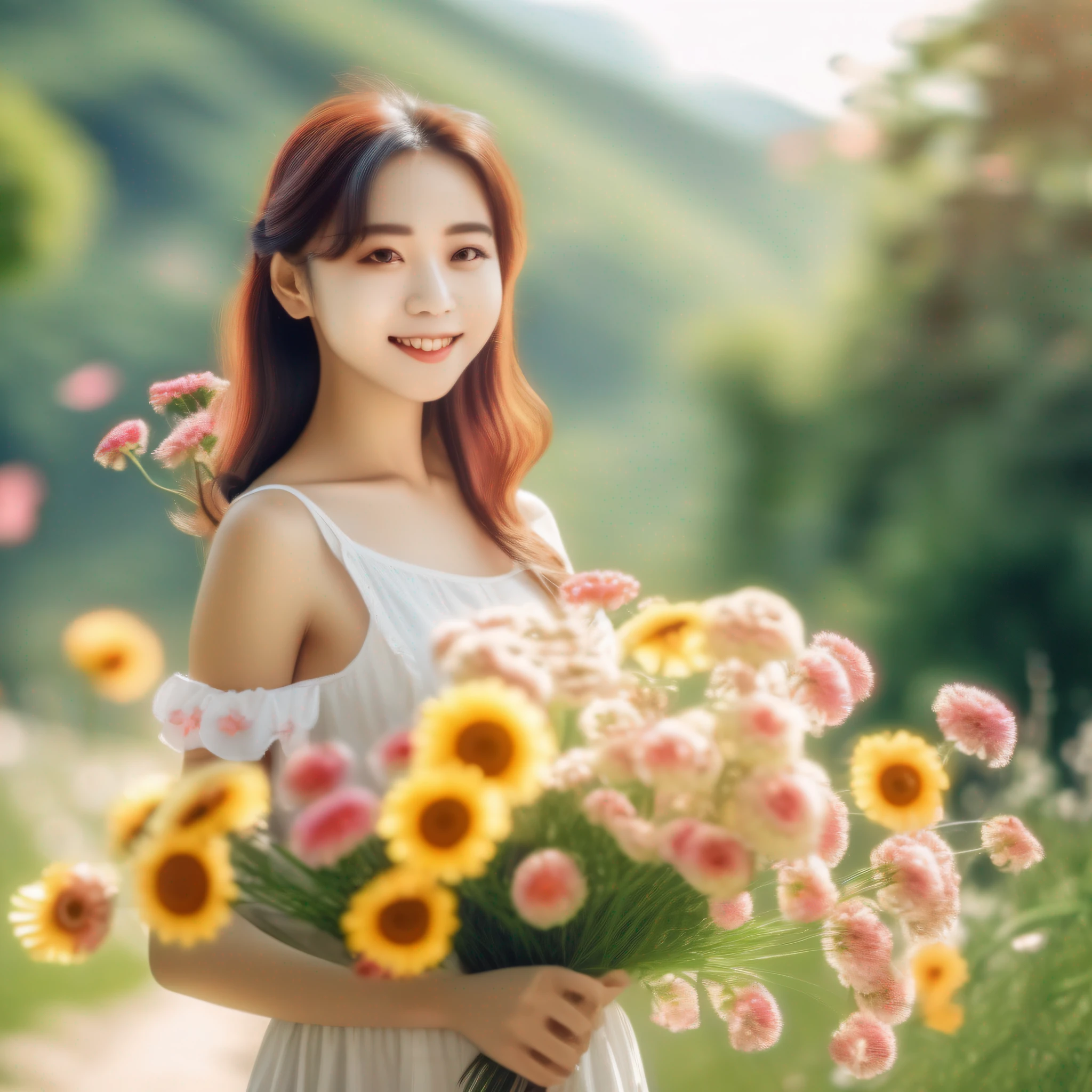 A photo of a summer flower and a girl，The background is a perfect summer landscape，flowers blooming，and the sun is shining，A gentle breeze。The girl is dressed in a light summer dress，Holding a beautiful bouquet of flowers，Smiling and turning to look into the camera。The photo uses a specific shooting mode、Color and lens skills，To show the beauty of summer flowers and girls。 —c 10 —ar 2:3 --auto