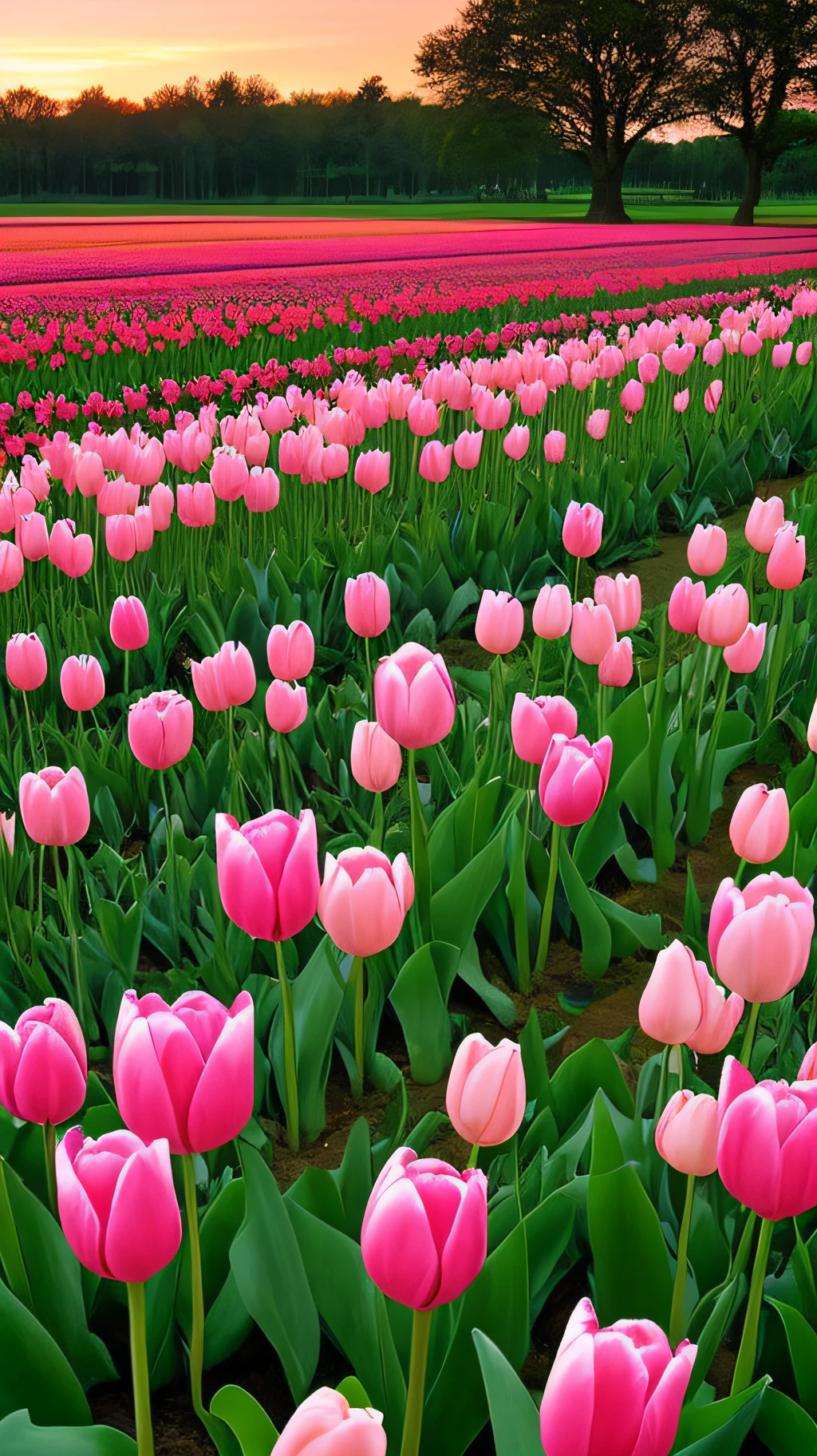 Spring,tulip field,sunset,beautiful sky,
distant viewwide angle