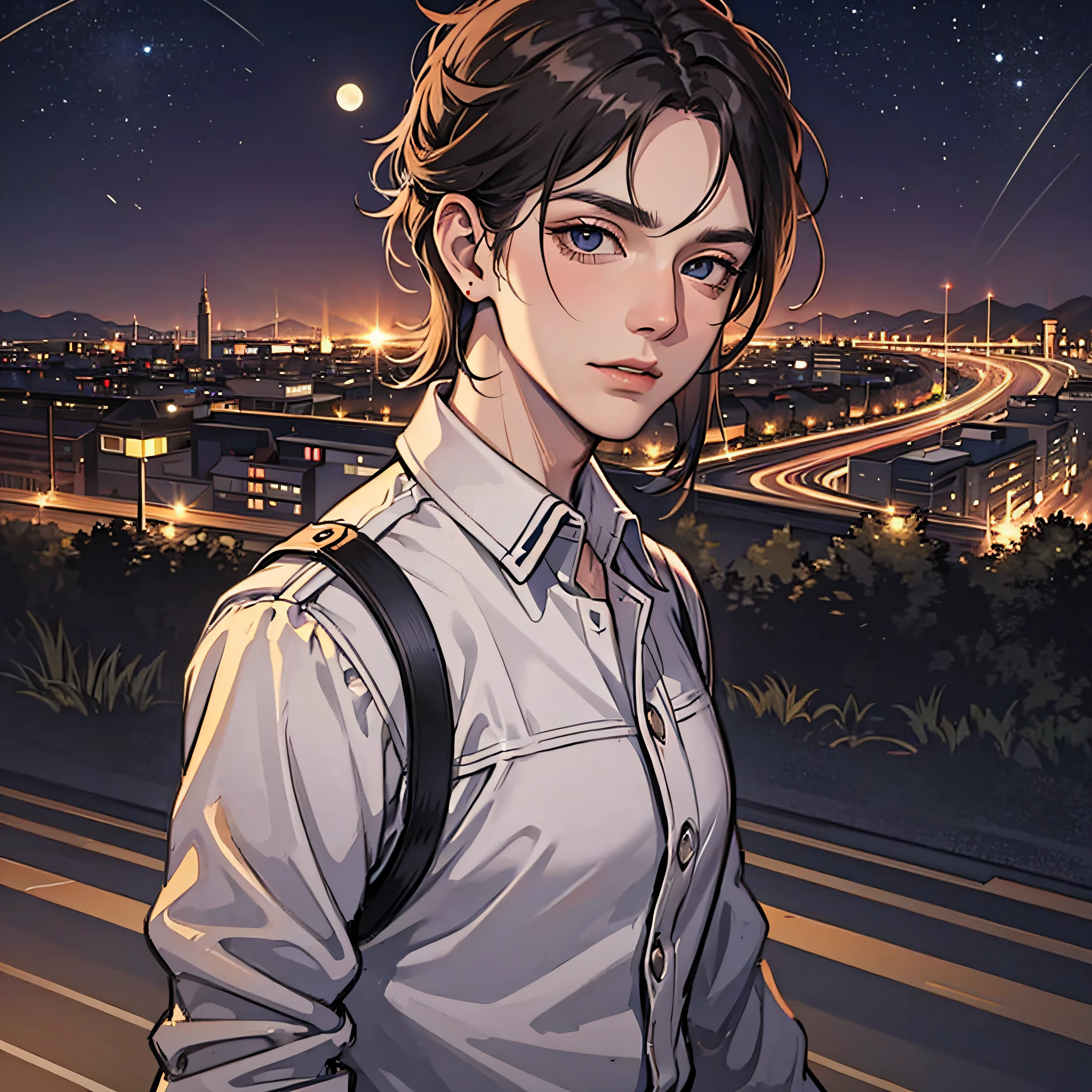 A man with a pistol,Aim at the lens,hillside,highways,Moon Night,suburb,closeup of face