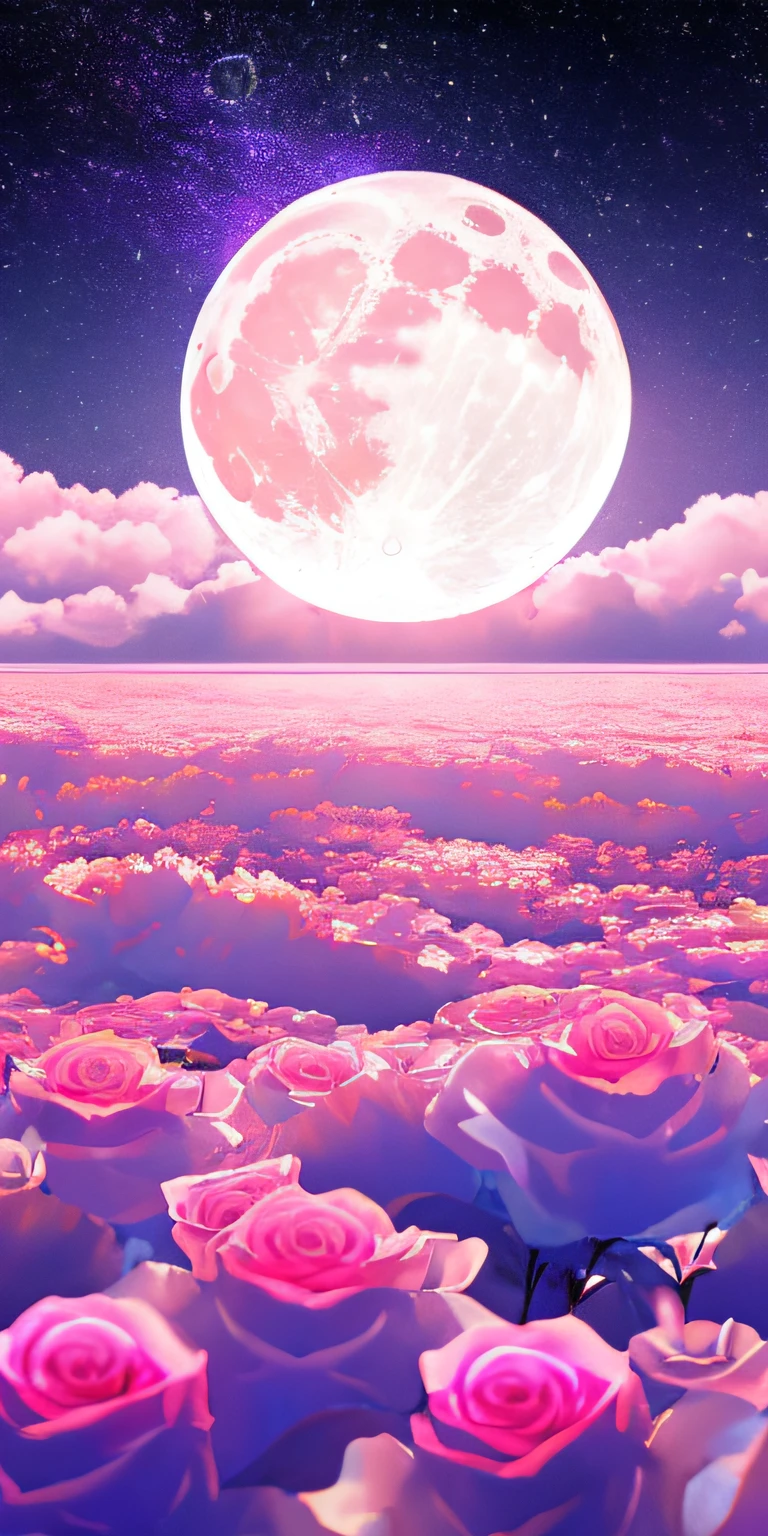 Pink moon, pink sky, soft pink clouds, pink ocean waves sparkling, sparkling, pink roses on pink ocean, fantasy, diamond, crown, universe, soft lights,