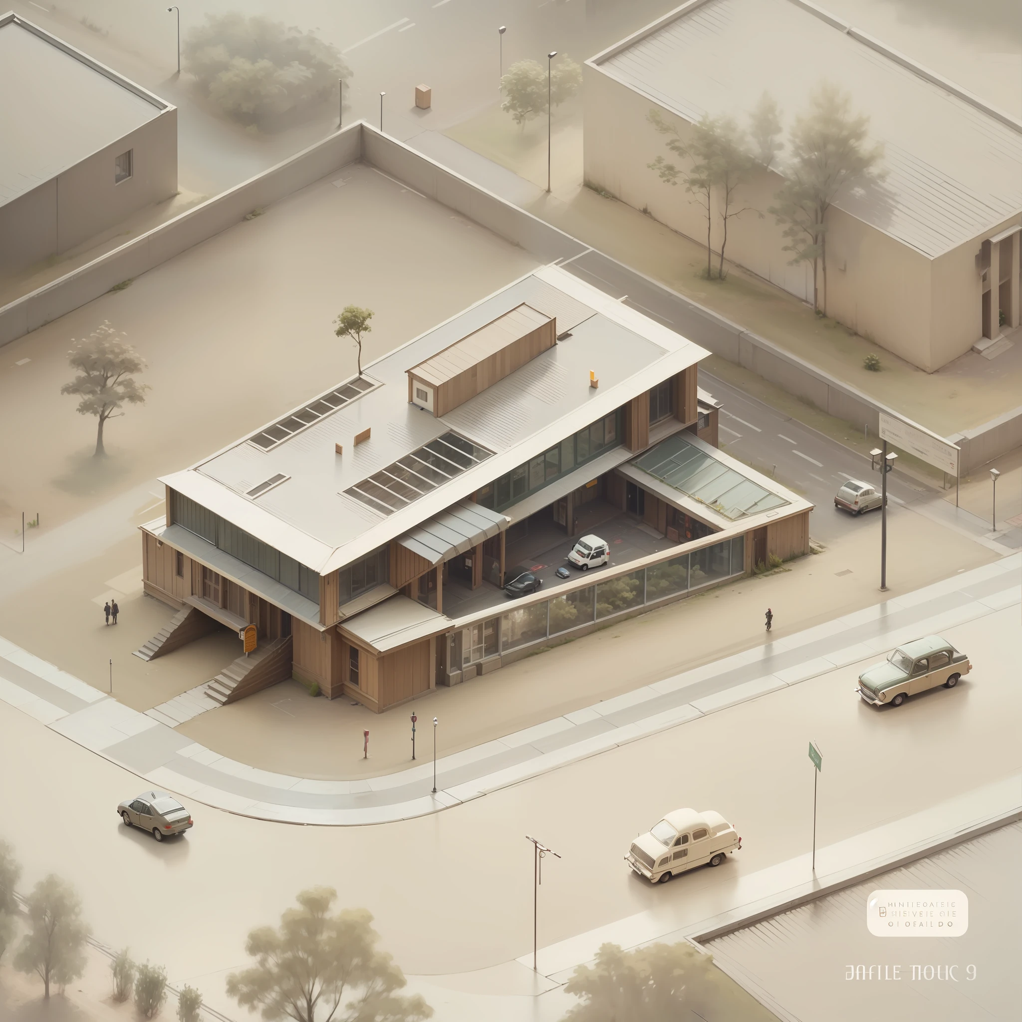 Museum buildings,Handmade wooden model,There were three moving cars on the street,Aerial view