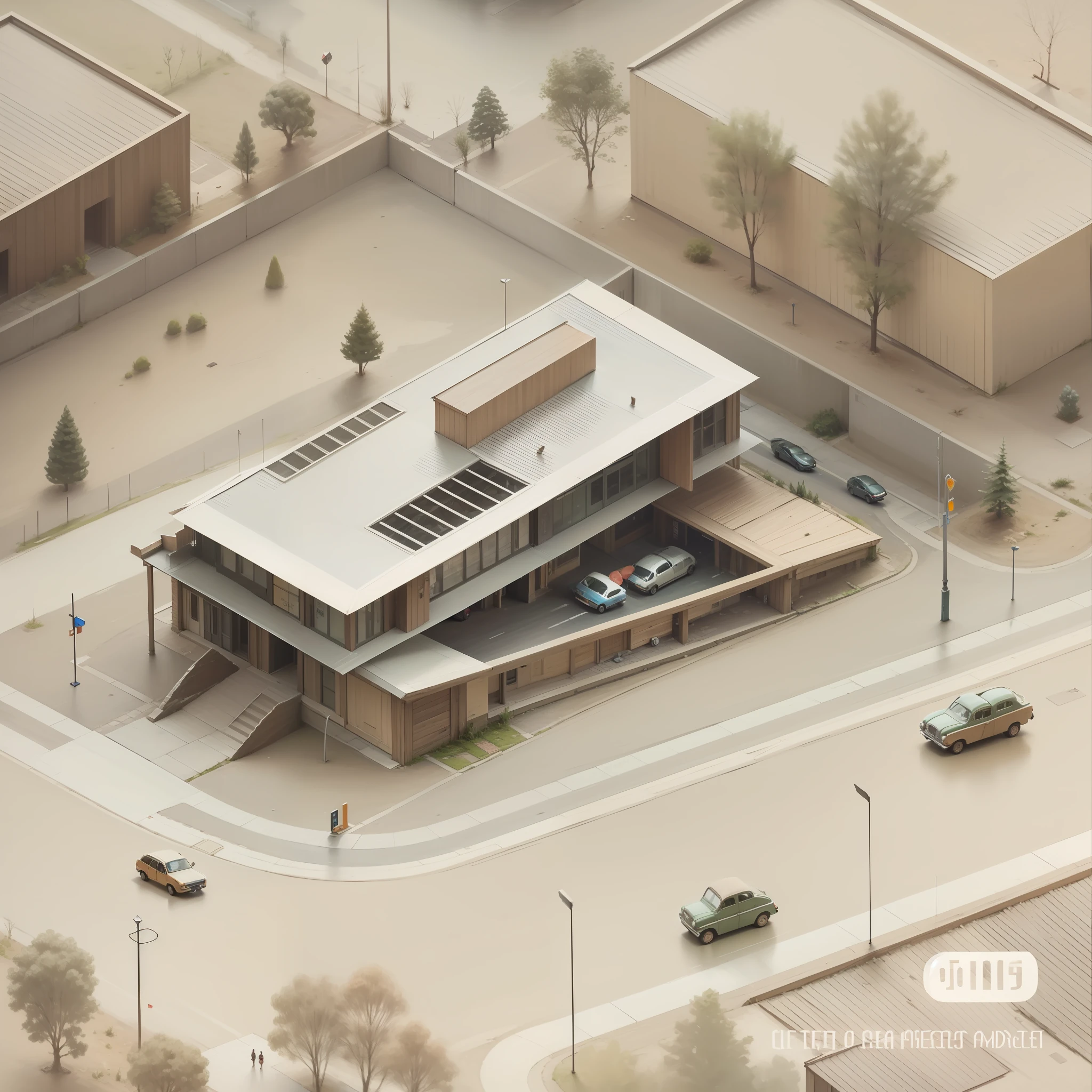 Museum buildings,Handmade wooden model,There were three moving cars on the street,Aerial view